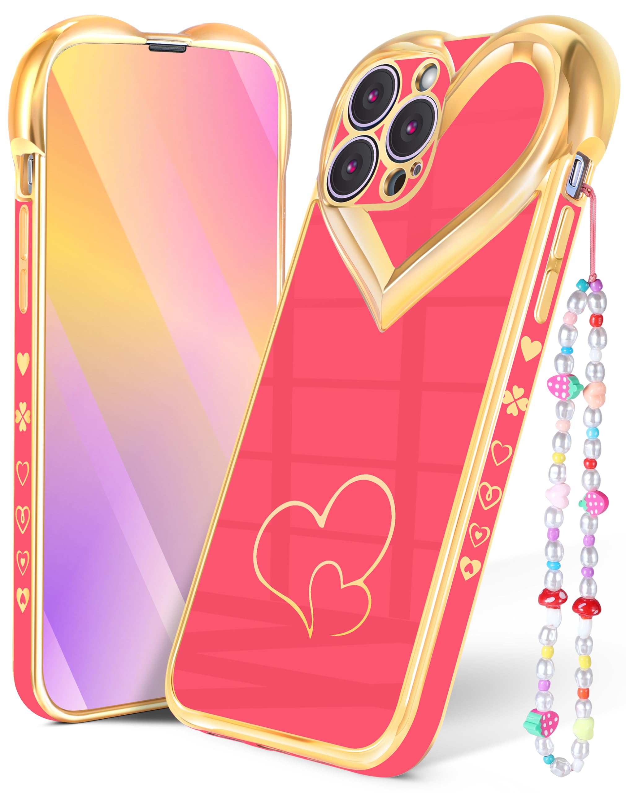 **Phonebliss 2-in-1 Cute Heart Plating iPhone 13 Pro Max Case with Chain - Aesthetic Girly Design for Women & Girls (Red) | Perfect for Everyday Use, Travel & Fashion Accessories**