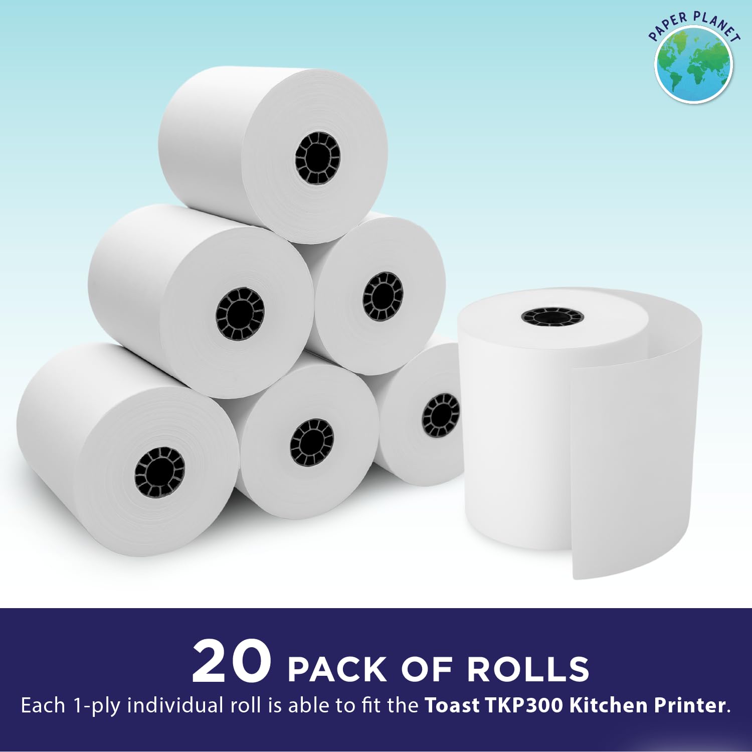 TKP300 Compatible Thermal Printer Paper - 20 Rolls 1-Ply White Bond Paper for Kitchen Printers (Works with TKP300/SNBC/BTP-M300) | Perfect for Restaurant Receipts, Toast Printing & Food Labeling