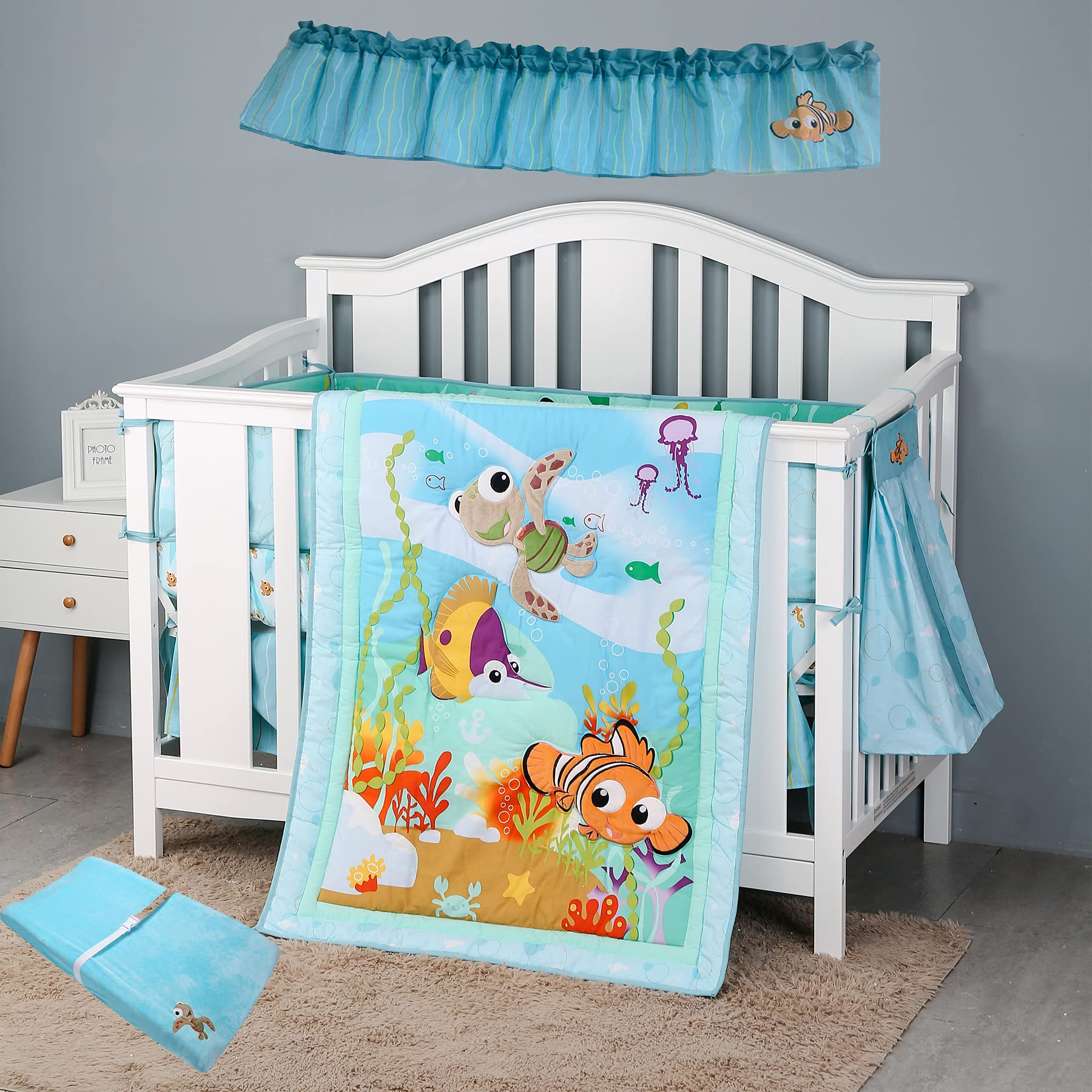 6-Piece Blue Ocean Themed Baby Crib Bedding Set - Quilt, Fitted Sheet, Crib Skirt, Diaper Storage Bag, Window Valance & Changing Pad Cover - Underwater Embroidery for Boys Nursery - Perfect for Coastal, Nautical or Under-the-Sea Nursery Decor