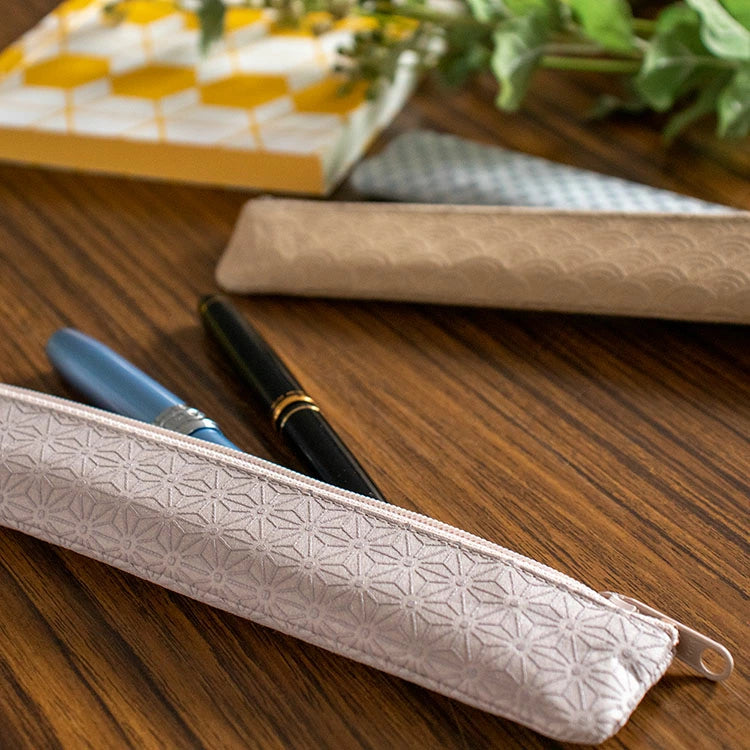 Katazome Pencil Case - Japanese Handmade Seigaiha Pattern Pen Holder for School, Office & Travel | Made in Japan