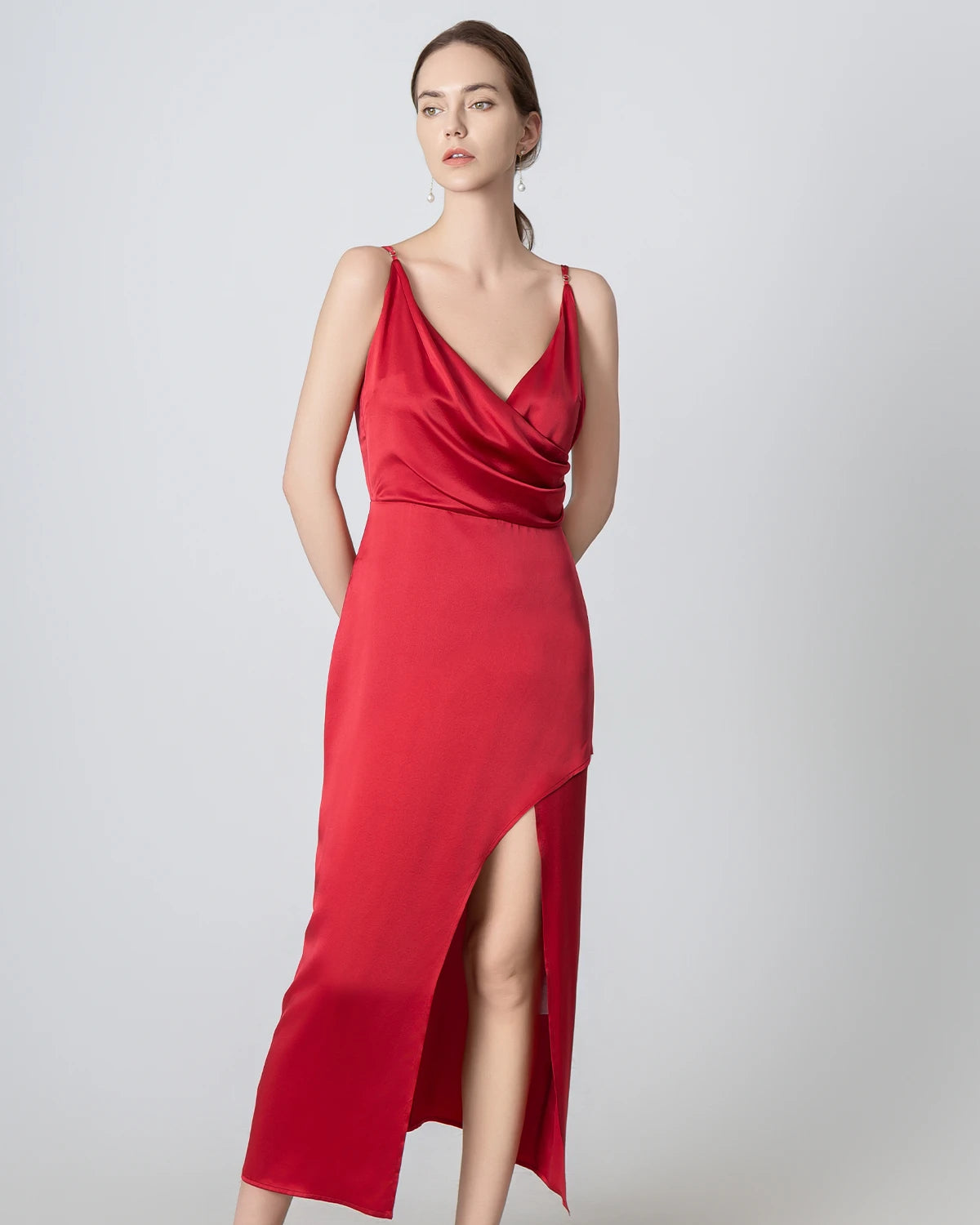 Elegant V-Neck High Slit Silk Maxi Dress for Women - Luxury Evening Gown for Parties, Weddings & Special Occasions
