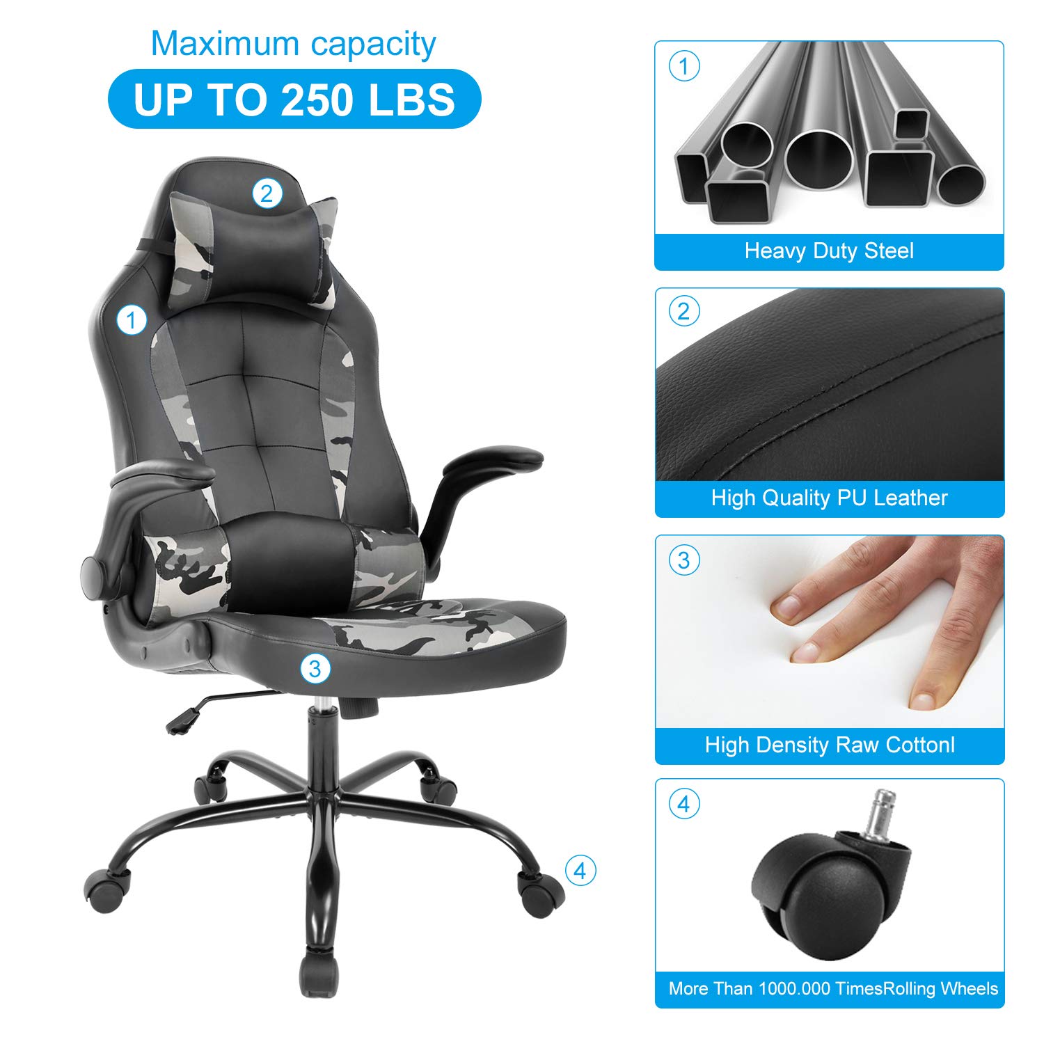 Ergonomic Gaming Chair with Lumbar Support & Head Pillow - Adjustable Leather Office Desk Chair for Home, Computer & Executive Work - Modern Swivel Rolling Task Chair (Camo Design) - Perfect for Gaming, Remote Work & Home Office Setup