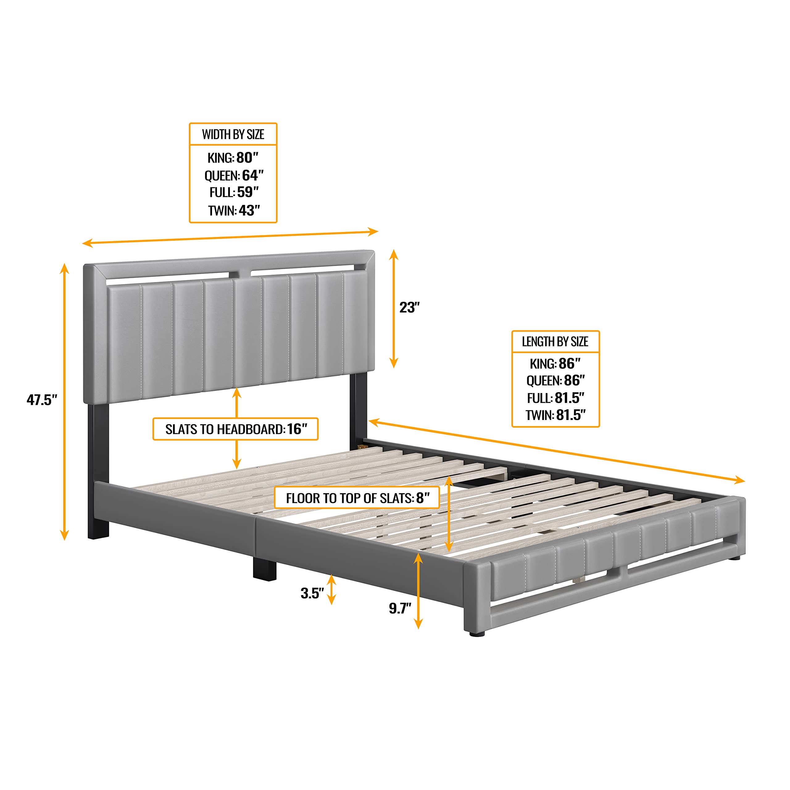 Boyd Sleep Beaumont Upholstered Platform Bed Frame with Headboard - No Box Spring Needed - Faux Leather Grey Full Size Bed for Master Bedroom & Guest Room