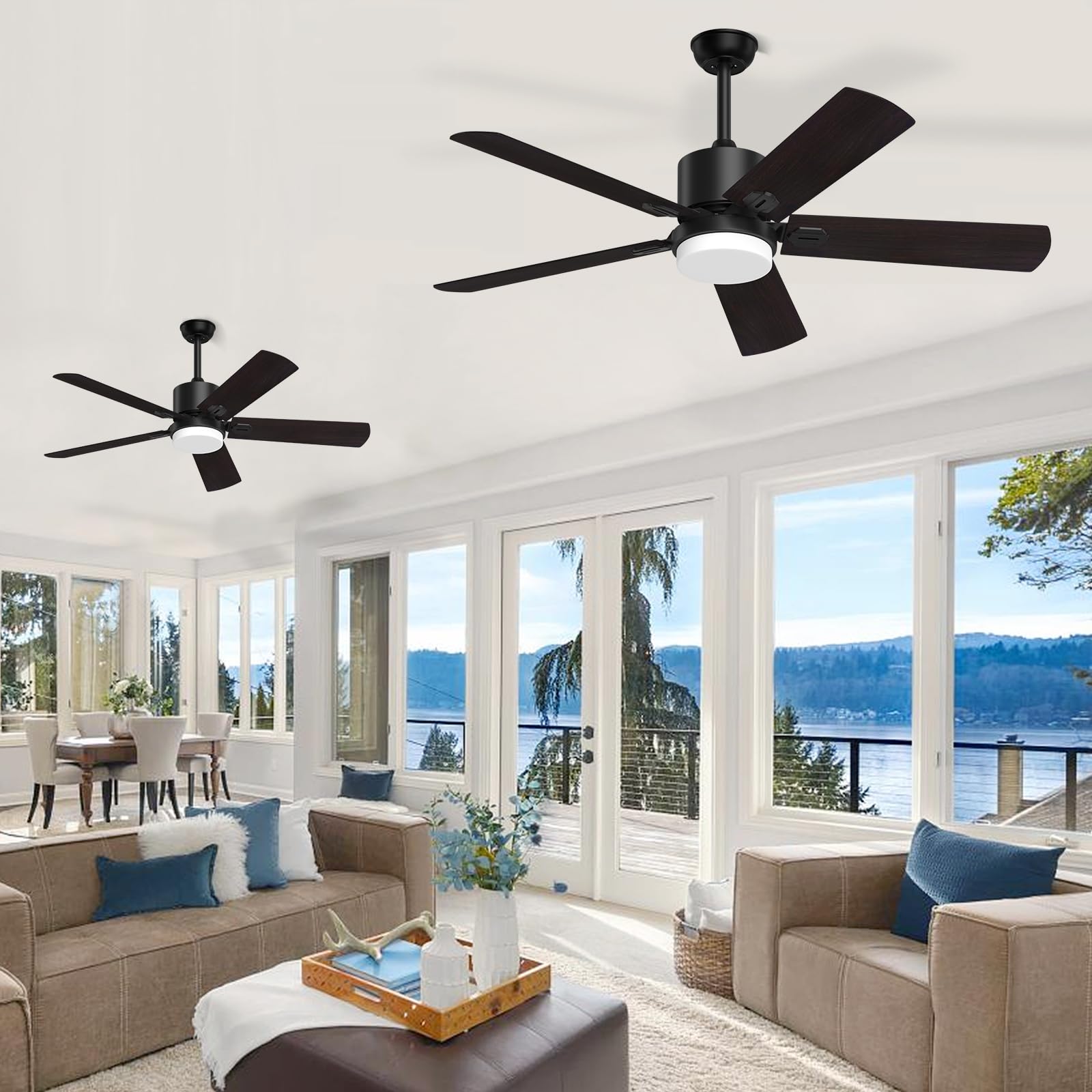52 Inch Black Ceiling Fan with Lights and Remote - 6 Speed Reversible DC Motor, Adjustable Lighting for Outdoor & Indoor Use - Perfect for Patio, Bedroom, Porch, Living Room, and Office Spaces