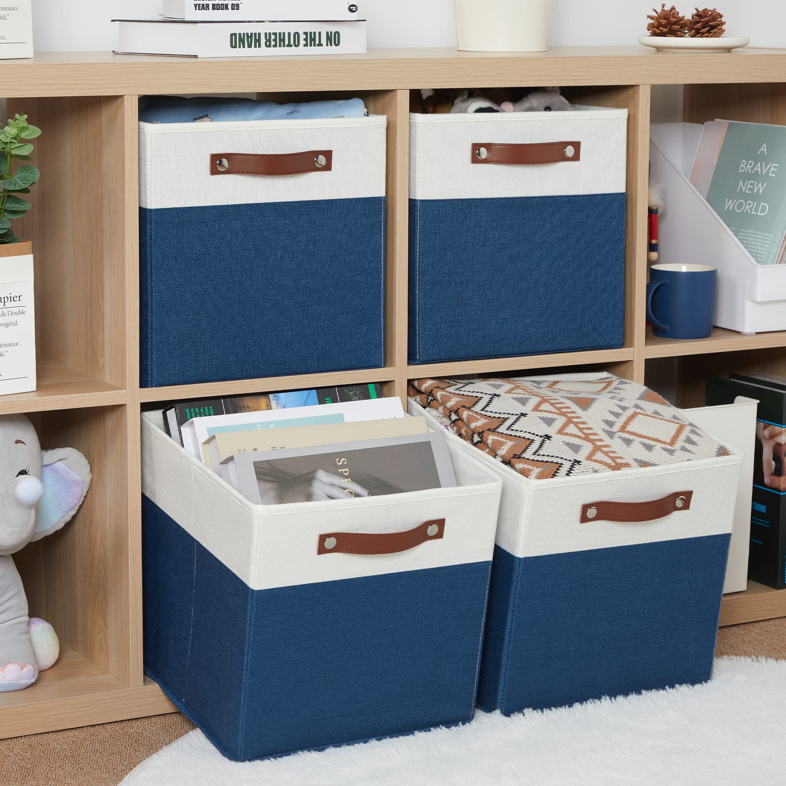 HNZIGE 12x12 Inch Fabric Storage Cubes with Handles, Set of 4 - Decorative Cube Organizer Bins for Home, Nursery, Closet & Toy Storage | Space-Saving Blue & White Square Baskets for Shelves, Cabinets & Underbed Organization