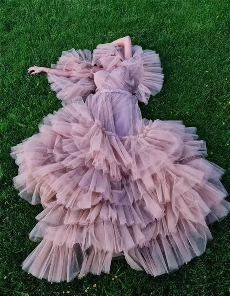 Elegant Ruffles Puffy Tulle Maternity Dress for Photoshoot | Off Shoulder Bridal Lingerie & Baby Shower Pregnancy Robe | Perfect for Maternity Photo Sessions, Bridal Showers and Special Occasions