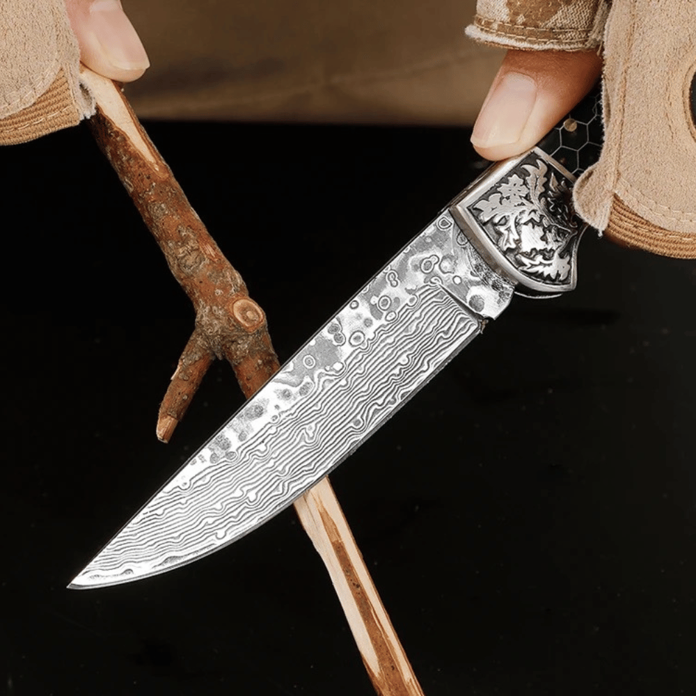 Premium Damascus Steel Pocket Knife with Honeycomb Resin Handle - EDC Folding Knife for Camping, Hiking & Outdoor Adventures