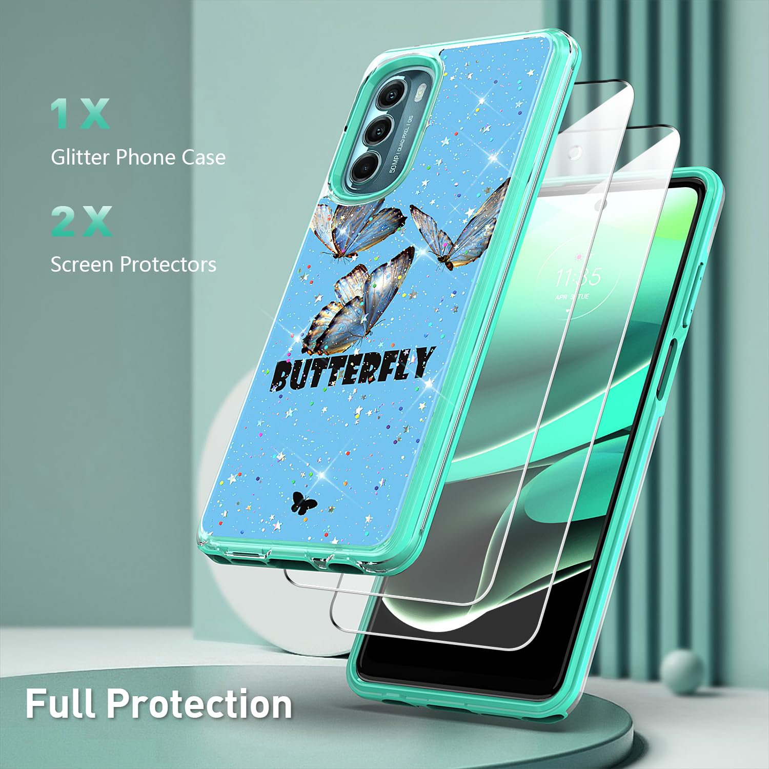 Shockproof Cute Glitter Butterfly Phone Case for Moto G Stylus 5G 2022 [2-Pack] with Screen Protector - Slim Soft TPU & Hard Back Cover for Women & Girls (Teal) | Perfect for Everyday Protection & Stylish Accessorizing