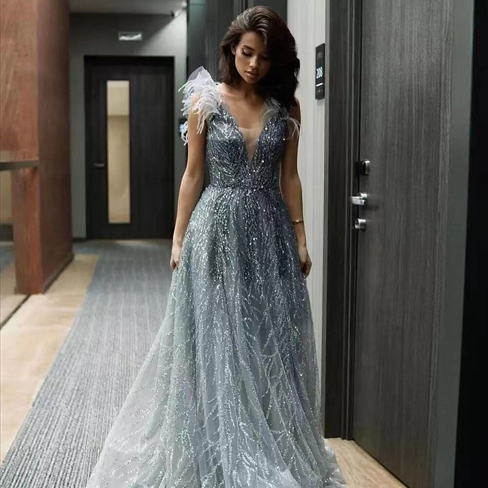 Luxury Dubai Feathers Evening Dresses for Women 2025 - Sexy V-Neck Beaded Blue Long Formal Gown for Wedding, Party & Special Occasions | Serene Hill LA71805