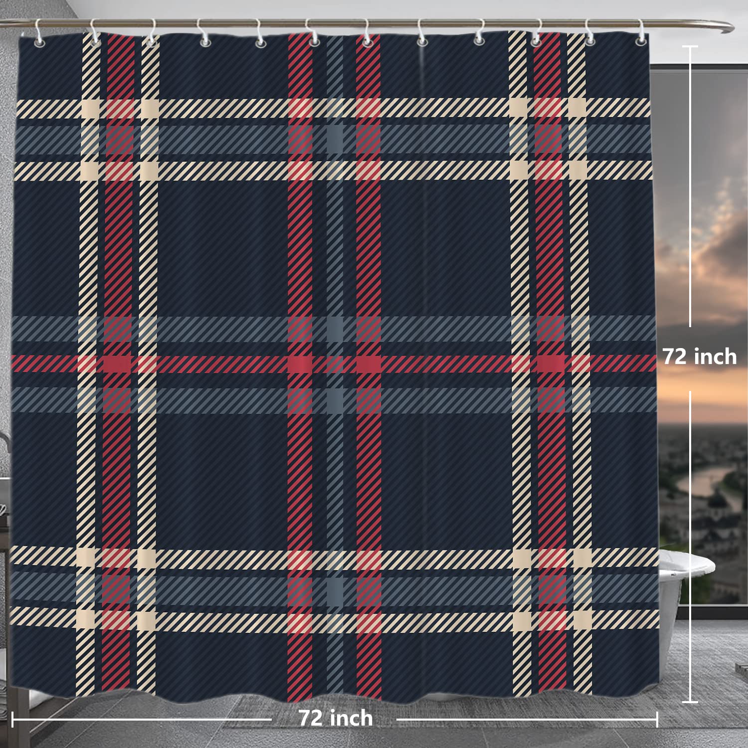Blue Check Tartan Plaid Christmas Shower Curtain - Waterproof Bathroom Decor with Red Abstract British Pattern (72x72 Inch) - Perfect for Holiday Home Decor & Festive Bathroom Styling