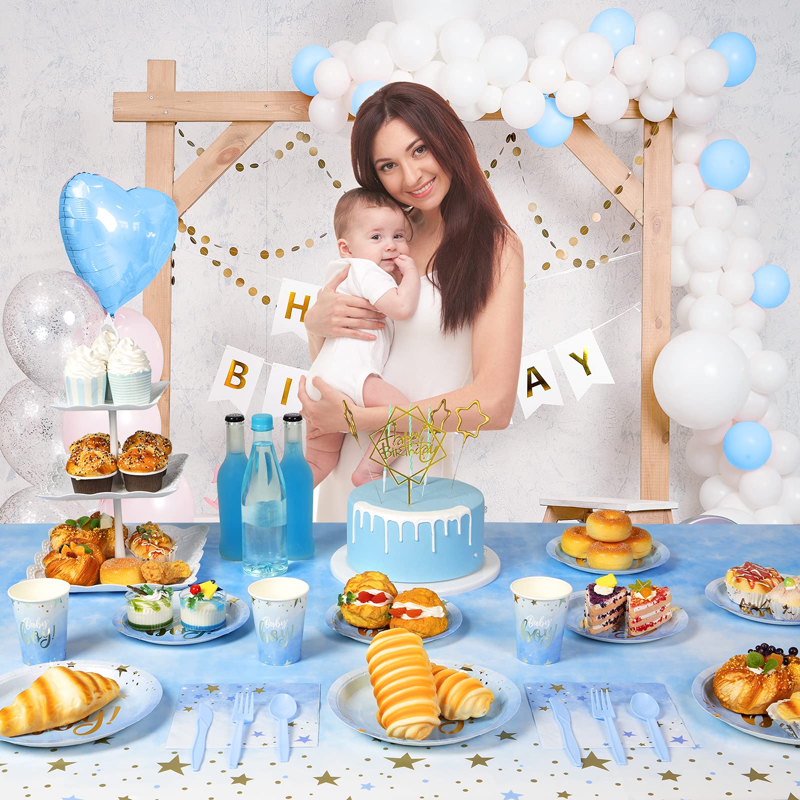 DECORLIFE Baby Shower Plates and Napkins Set for Boys - 24 Blue Themed Plates, Forks Included (96 Pieces Total) - Perfect for Baby Showers, Birthday Parties & Gender Reveal Celebrations