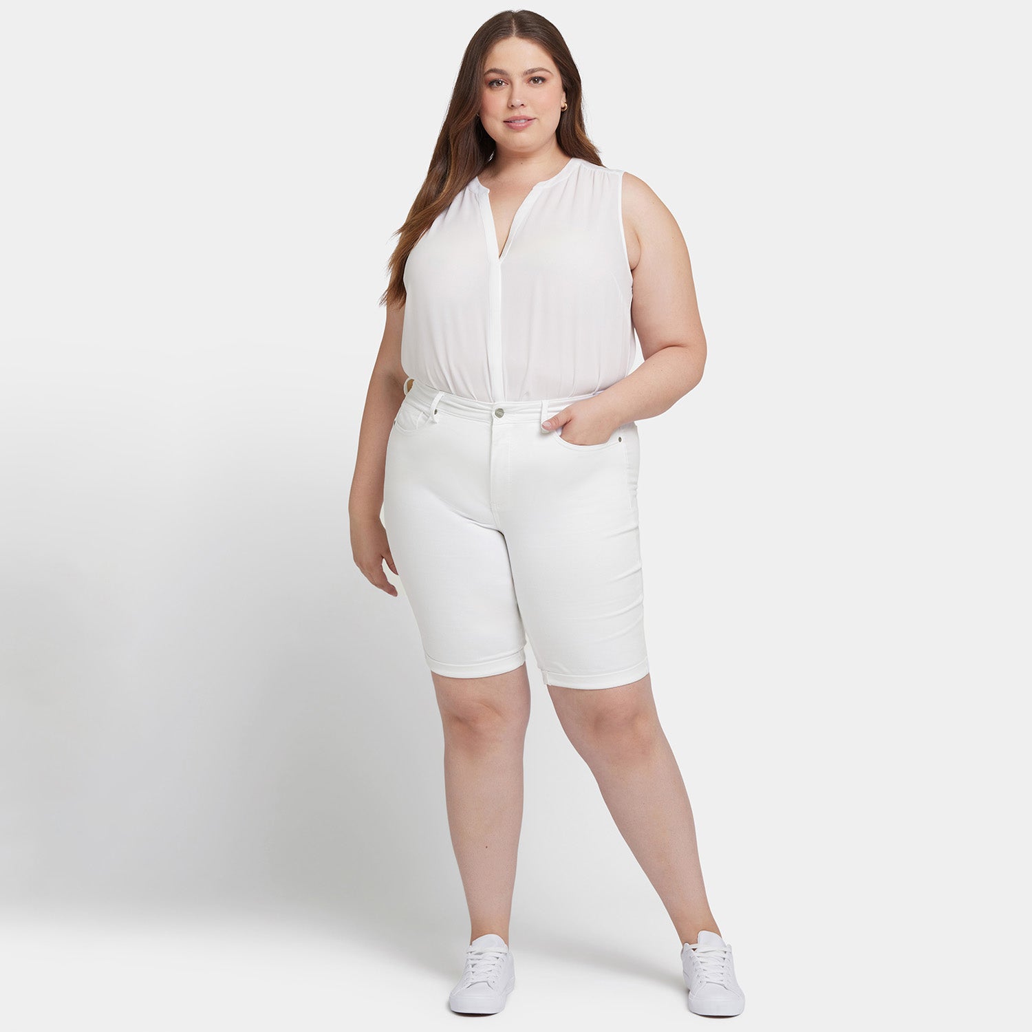 Briella 11 Inch Denim Shorts for Women - Plus Size High Waisted Stretch Shorts in Optic White | Perfect for Summer, Beach, and Casual Outfits