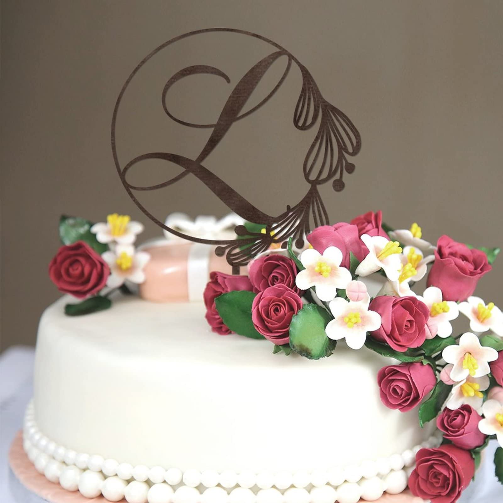 Personalized Initial L Cake Topper - Brown Wooden Wreath Monogram Cake Decor for Rustic Weddings & Birthday Parties (Design 06) | Vinisong Wedding Cake Decoration for Anniversary, Bridal Shower & Special Events