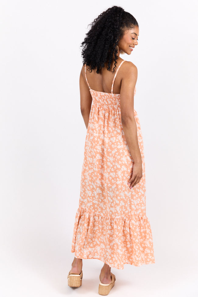 Blooming Beauty Orange Ditsy Floral Midi Dress - Women's Summer Casual Flowy Dress with Short Sleeves | Perfect for Beach Vacations, Garden Parties & Date Nights