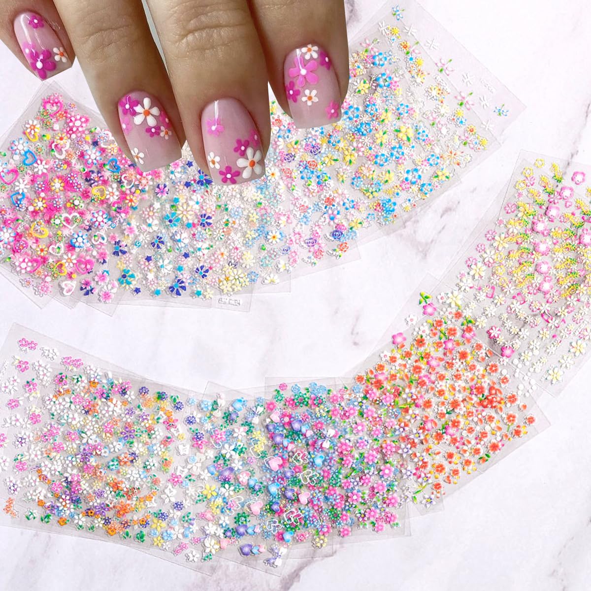 30 Sheets 3D Flower Nail Art Stickers - Self-Adhesive Nail Decals with Roses, Daisies & Cherry Blossoms - Pink Floral Nail Designs & Cute Heart Stickers for Acrylic Nails - Perfect for Salon, Home Manicures & Nail Art Enthusiasts