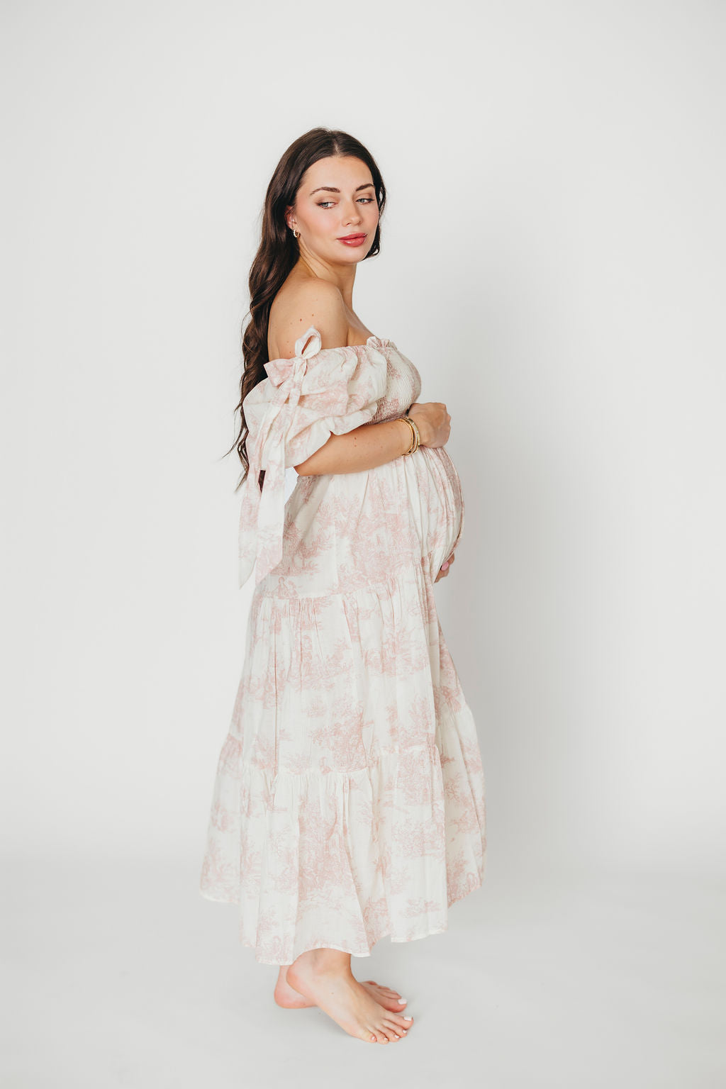 Elena 100% Cotton Toile Print Smocked Midi Dress - Bump Friendly Maternity Dress in Pink | Perfect for Baby Showers, Summer Weddings & Casual Outings *PRE ORDER*
