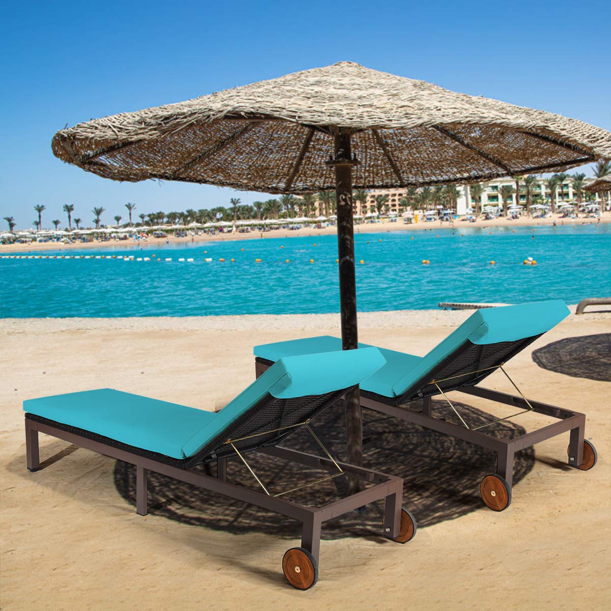 **5-Position Adjustable Patio Chaise Lounge Chair with Wheels - Foldable Metal Rattan Lounger with Cushioned Seating for Garden, Poolside & Outdoor Relaxation (Turquoise) - Perfect for Sunbathing, Reading & Lounging by the Pool**