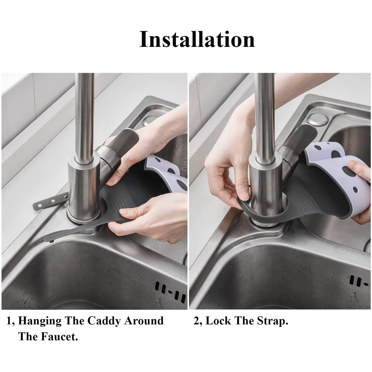UNIKON 2 Pack Adjustable Hanging Sink Caddy Sponge Holder - Kitchen Faucet Organizer with Strap for Sponges & Brushes (White) - Perfect for Small Kitchen Sinks & Clutter-Free Countertops
