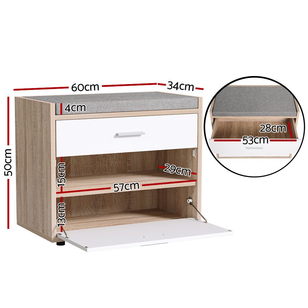 Artiss Shoe Cabinet Bench - Wooden Shoe Storage Organizer with Fabric Seat, Holds Up to 8 Pairs of Shoes - Perfect for Entryway, Mudroom, and Bedroom Organization