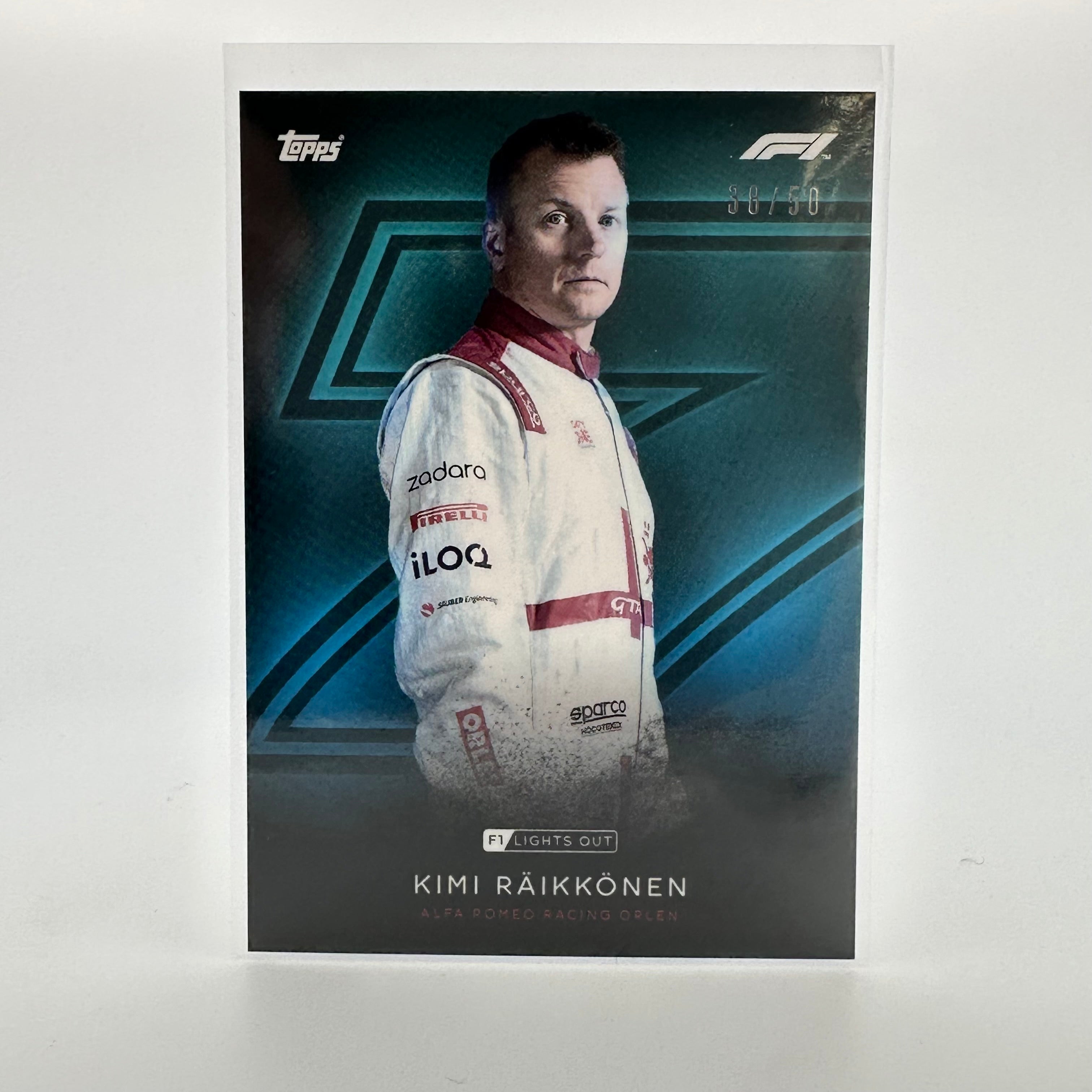 Kimi Raikkonen 38/50 Formula 1 Driver Aqua Parallel Collectible Trading Card - Perfect for F1 Fans, Collectors, and Sports Memorabilia Enthusiasts