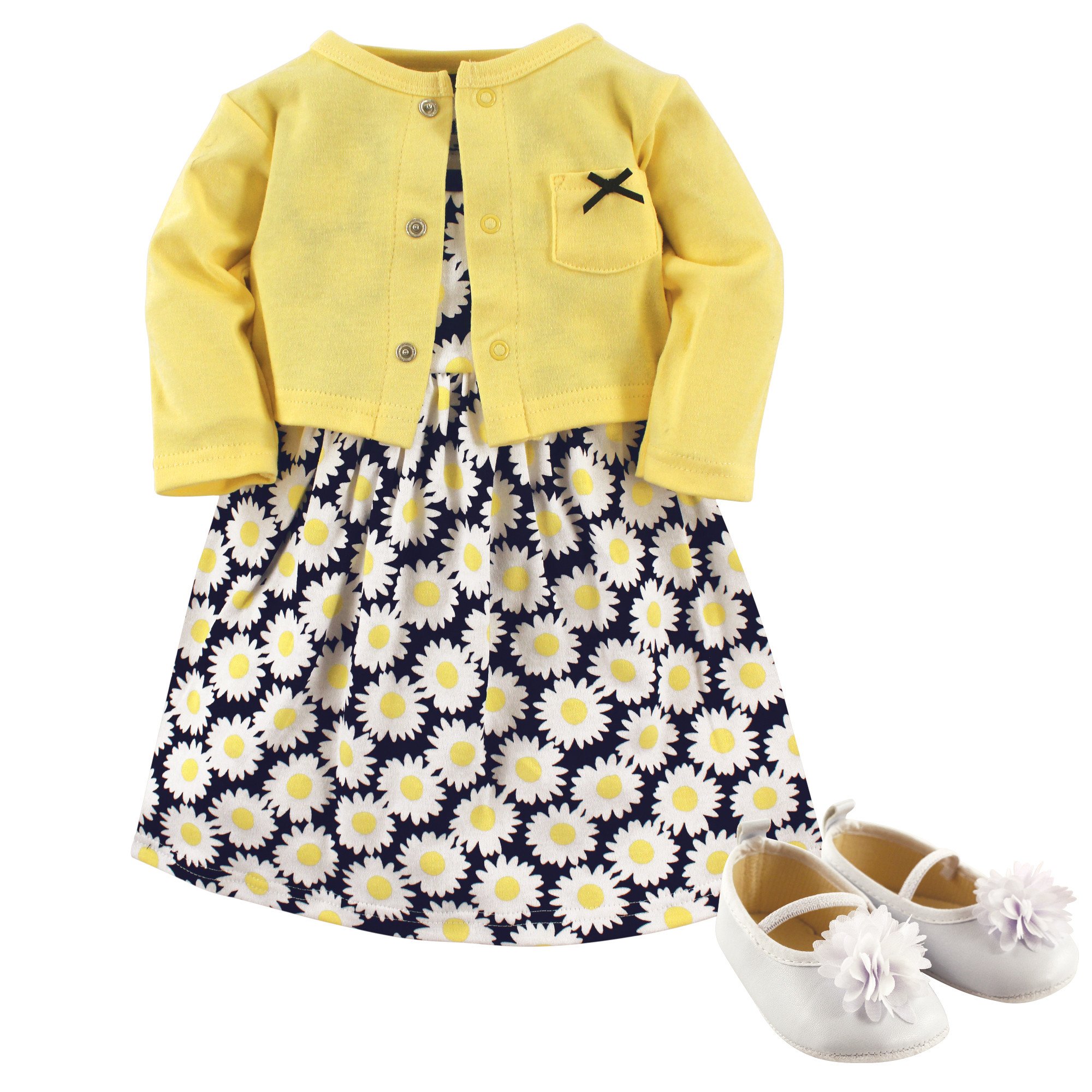 Hudson Baby Girls' Cotton Dress, Cardigan & Shoe Set Outfit - Soft & Comfortable 3-Piece Baby Girl Clothing for Newborn, Infant & Toddler - Perfect for Family Photos, Parties & Special Occasions