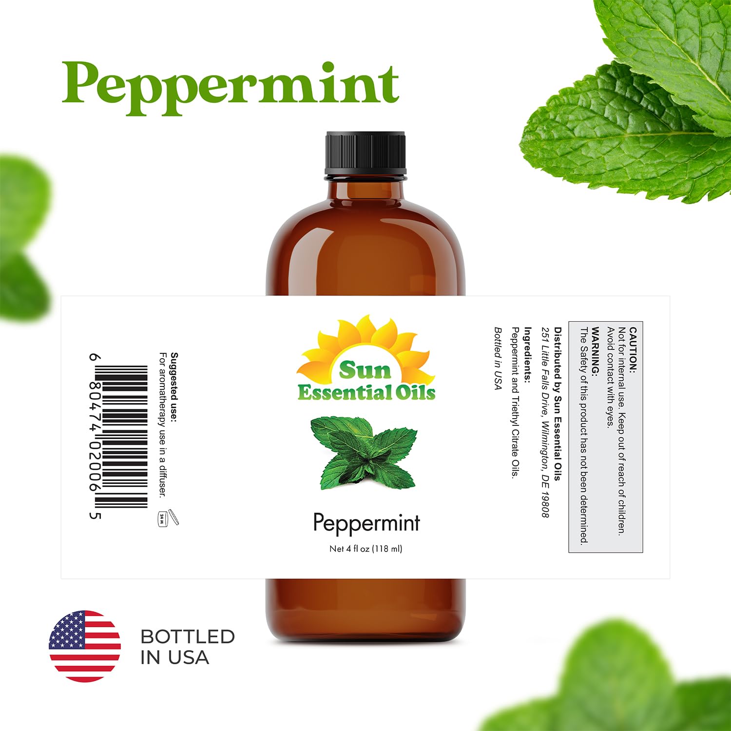Sun Essential Oils Peppermint 4oz Bottle - 100% Pure Therapeutic Grade Peppermint Essential Oil for Diffusers, Humidifiers, Aromatherapy, Massage & Skin Care | Perfect for Relaxation, Stress Relief & Home Fragrance