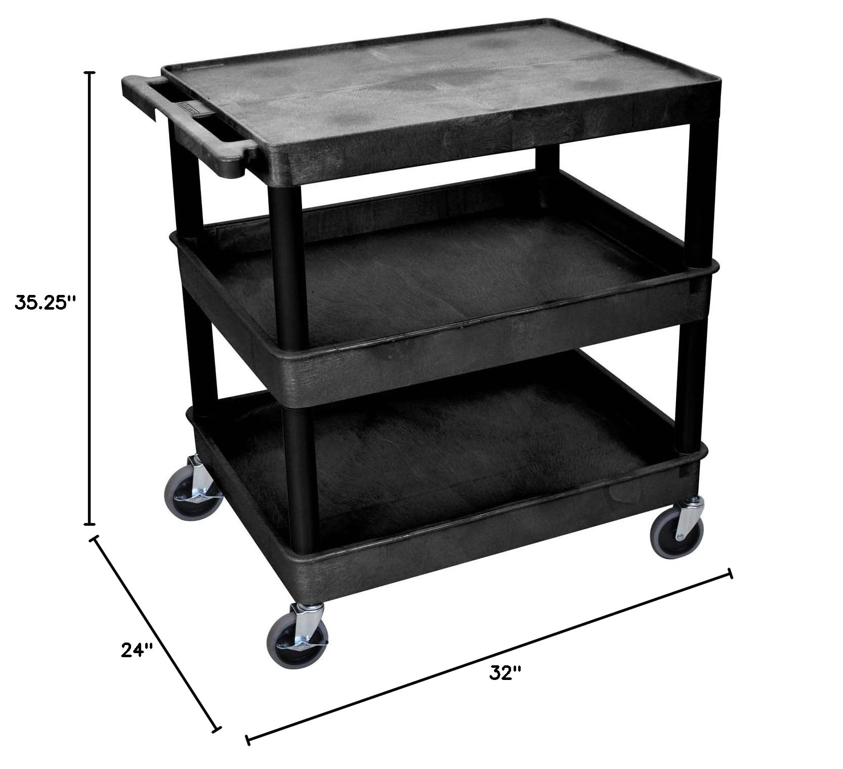 LUXOR TC211-B Heavy Duty Utility Cart with Large Flat Top and Tub Middle/Bottom Shelf - 400 lbs Capacity, 32
