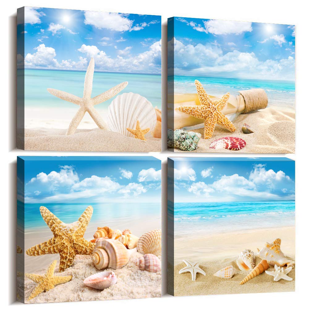 Blue Ocean Conch Framed Canvas Wall Art Set - 16x16 Inch 4-Piece Bathroom Decor, Ready to Hang Paintings for Living Room, Bedroom, Kitchen & Office - Coastal Themed Home Decor for Beach House & Seaside Style Interiors