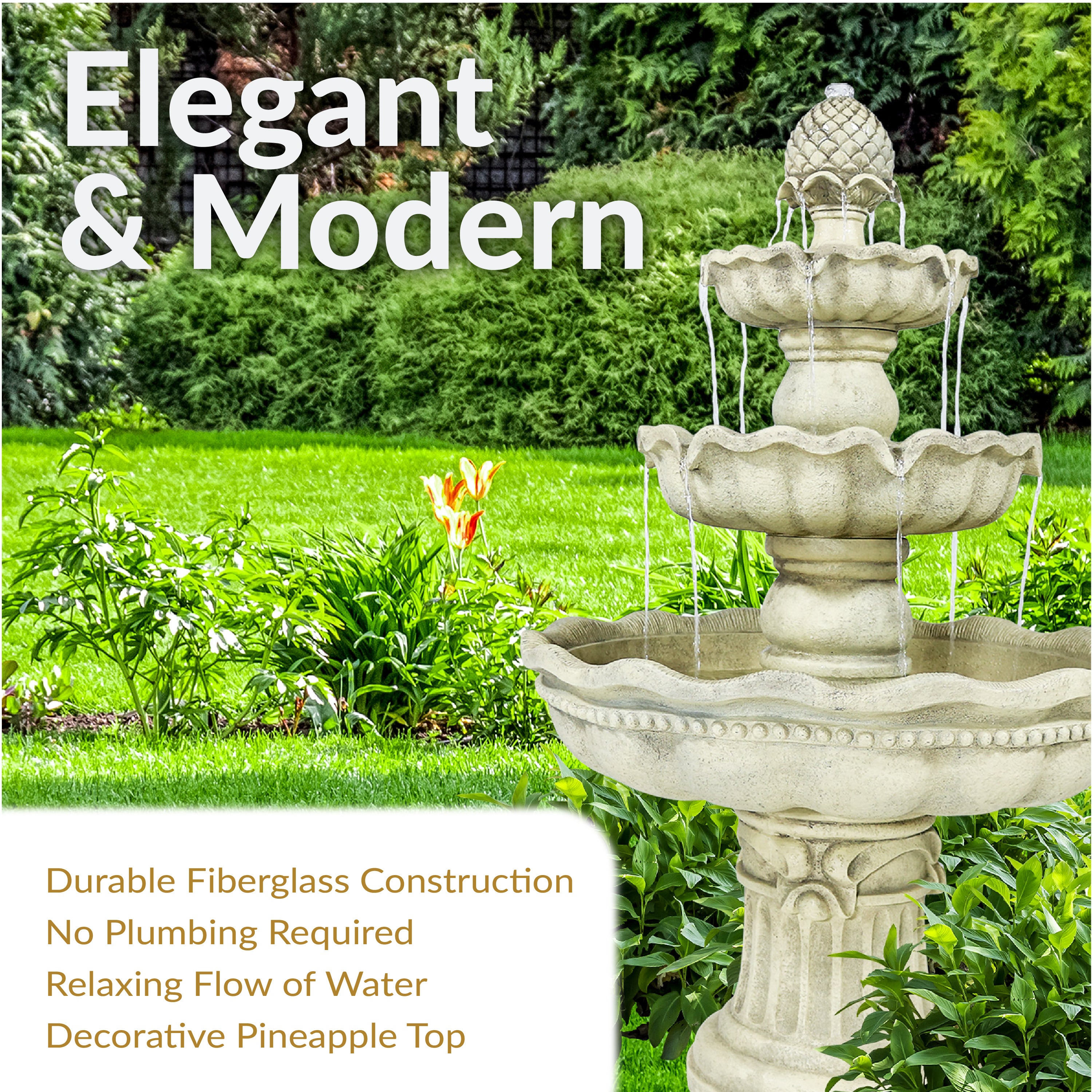 Sunnydaze 3-Tier White Pineapple Garden Fountain - 51 Inch Outdoor Water Feature for Patio, Yard & Garden Decor | Relaxing Backyard Oasis