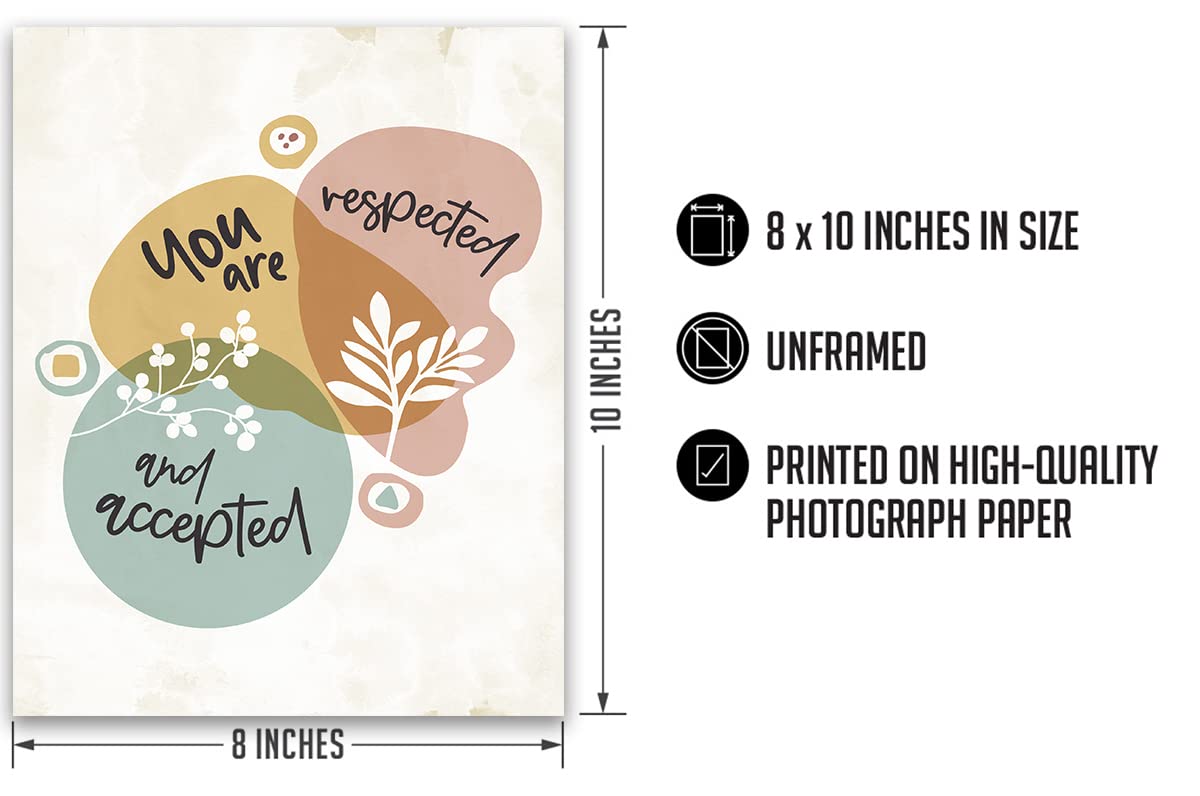 Govivo School Psychologist Office Decor - Mental Health Wall Art Print 'You Are Respected & Accepted' - 8x10 Unframed Counseling Poster for Classroom, Teacher Supplies, Therapy Room Aesthetic - Perfect for Schools, Counseling Centers & Mental Health Awareness Spaces