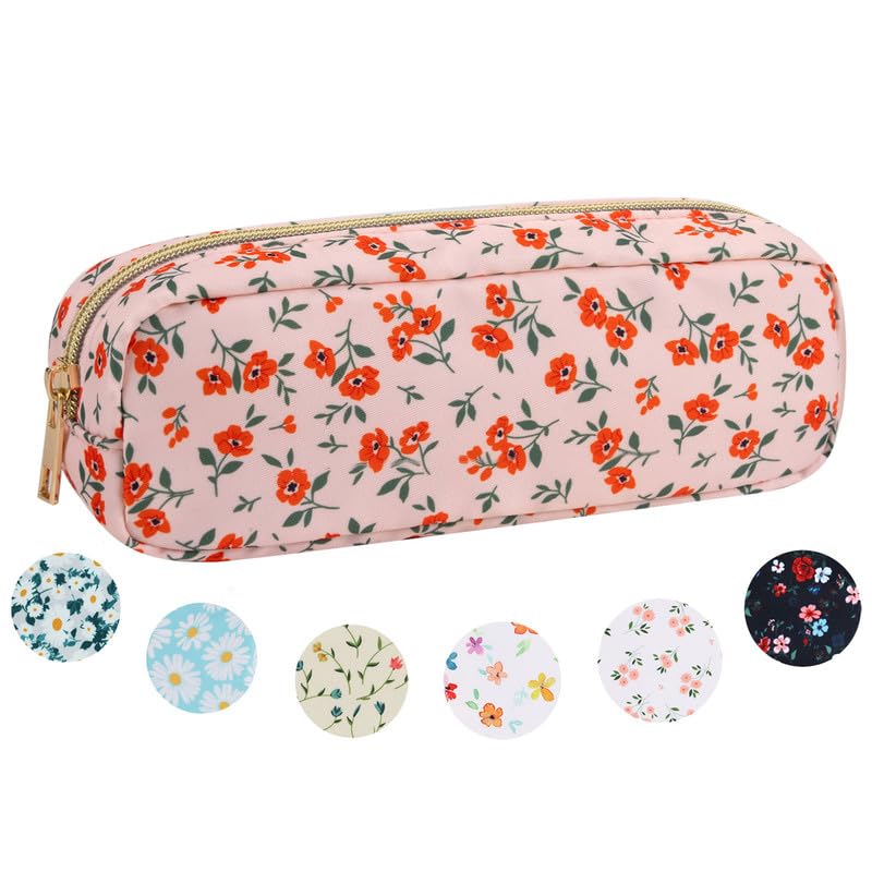 XSUIOY Floral Small Makeup Bag for Purse - Nylon Pencil Pouch, Coquette Aesthetic Cosmetic Organizer - Waterproof Travel Toiletry Bag for Makeup Brushes & Essentials (Orange Floral) - Perfect for School, Work, Gym & Vacation Travel Accessories