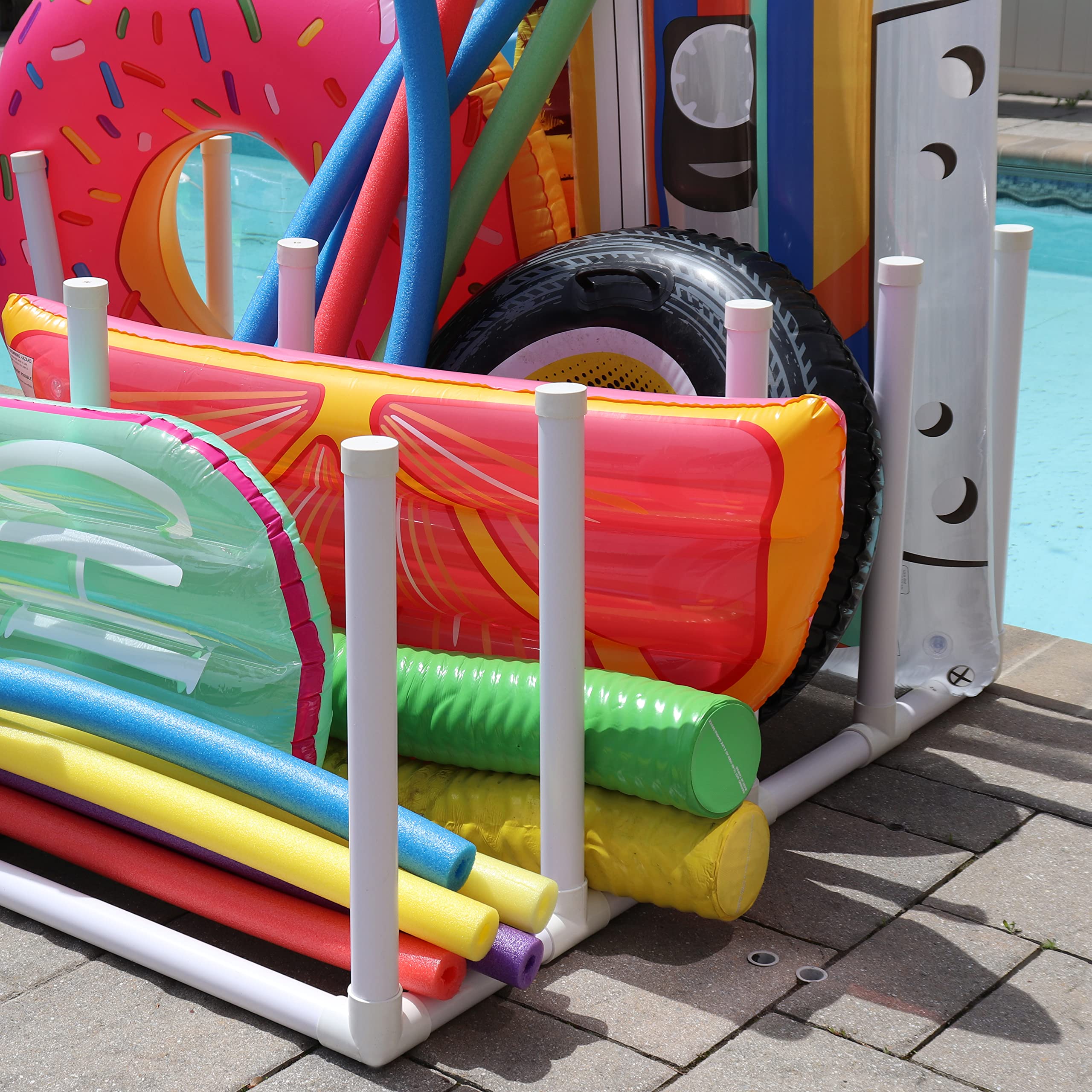 Essentially Yours 12 Bar Pool Raft and Float Rack - Heavy Duty Poolside Storage Organizer for Inflatables, Pool Noodles, Surfboards, Paddles & Beach Towels (61