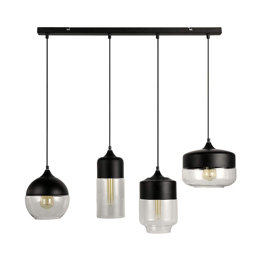 Modern Industrial Glass Pendant Light Fixture - Adjustable 4-Light Black & Clear Hanging Chandelier with E26 Base - Nordic Loft Style Lighting for Kitchen Island, Dining Room, Restaurant, Bedroom & Living Room Decor