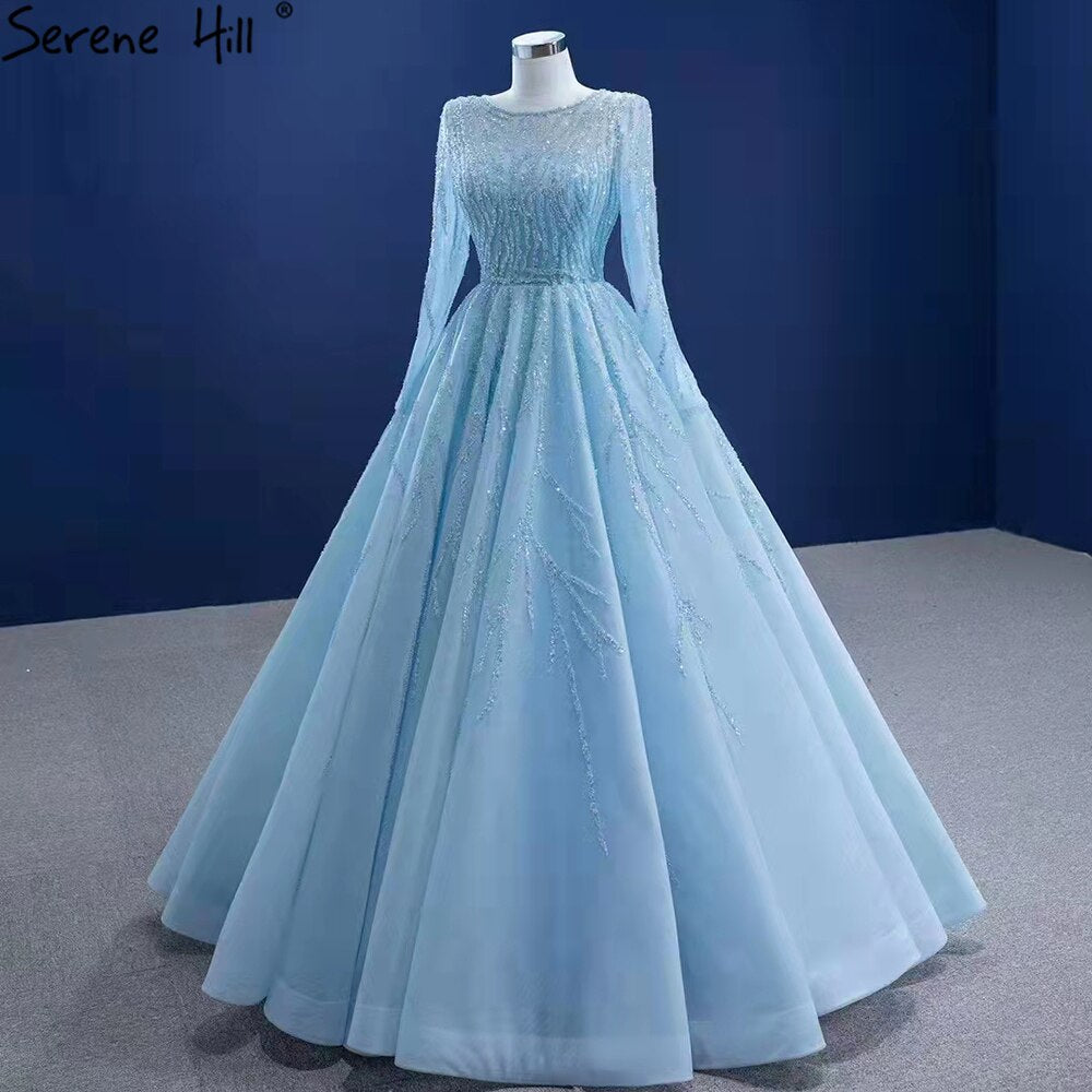 Luxury Muslim Wedding Dress 2025 - Blue Beaded Lace Up Bridal Gown | Custom Made High-End Islamic Bridal Wear | Perfect for Nikah Ceremony, Formal Weddings & Special Occasions