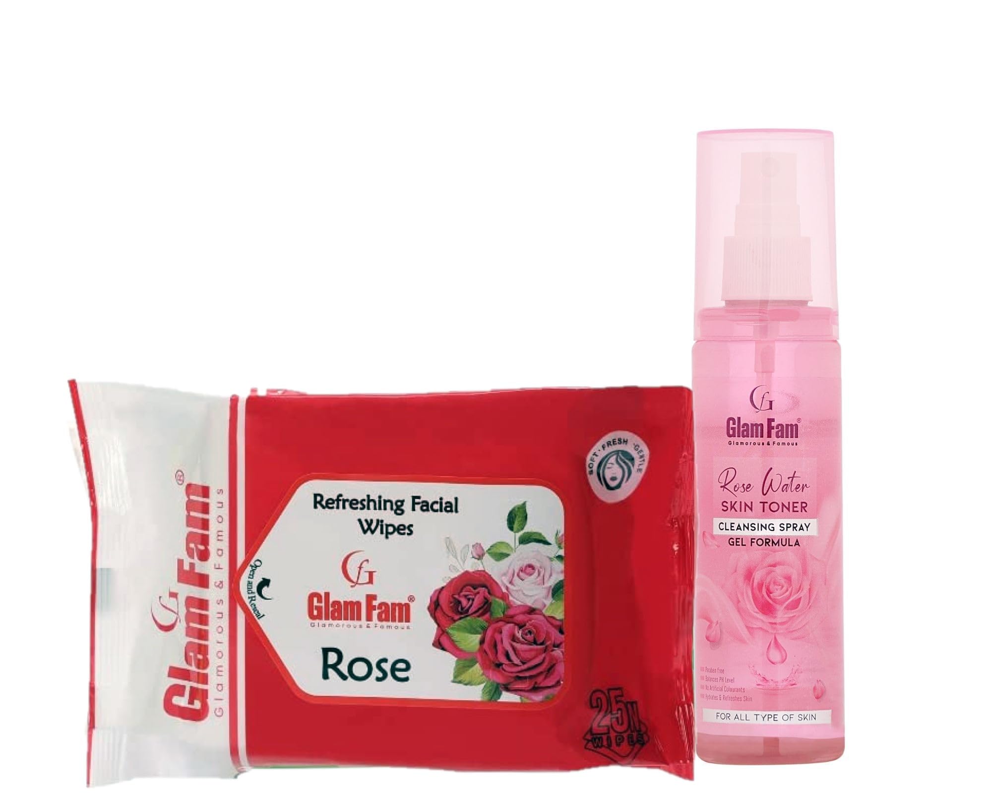 GLAM FAM Pure & Natural Rose Water Face Toner with Aloe Vera Extract | Hydrating Skin Toner & Refreshing Cleansing Wipes Combo Pack | Perfect for Daily Skincare Routine & On-the-Go Refreshment