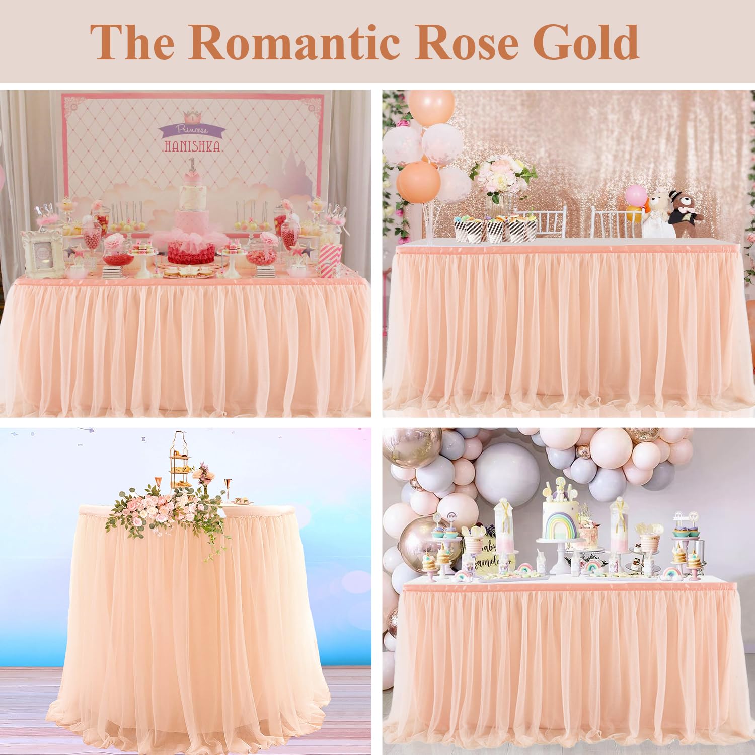 8FT Rose Gold Tulle Table Skirt for Rectangle Tables - Elegant Wedding, Bridal Shower & Birthday Party Decorations - Perfect for Banquet Halls, Reception Tables and Special Event Decor