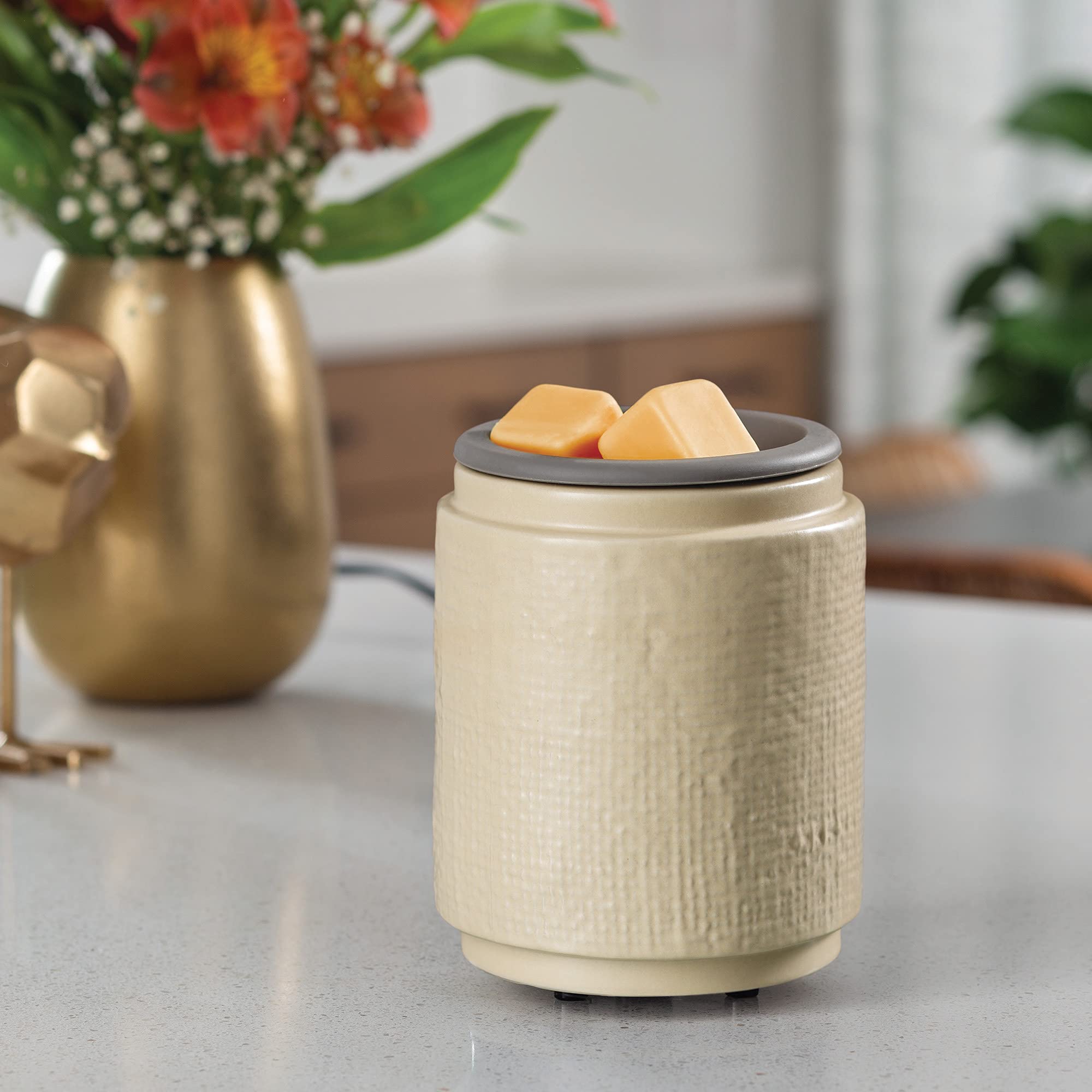 Premium Ceramic Wax Melt Warmer with Silicone Dish - Natural Linen Cream Scented Candle Warmer for Wax Melts, Cubes & Tarts | Perfect for Home Aromatherapy, Relaxation & Gift Giving