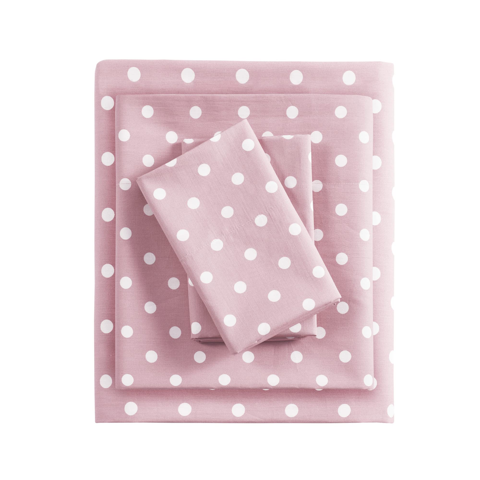Pink Twin Size Sheet Set for Kids - 100% Cotton Percale Soft Bedding with Polka Dots, Includes Flat Sheet, Fitted Sheet & Pillowcase - Breathable All-Season Bed Set Fits 14