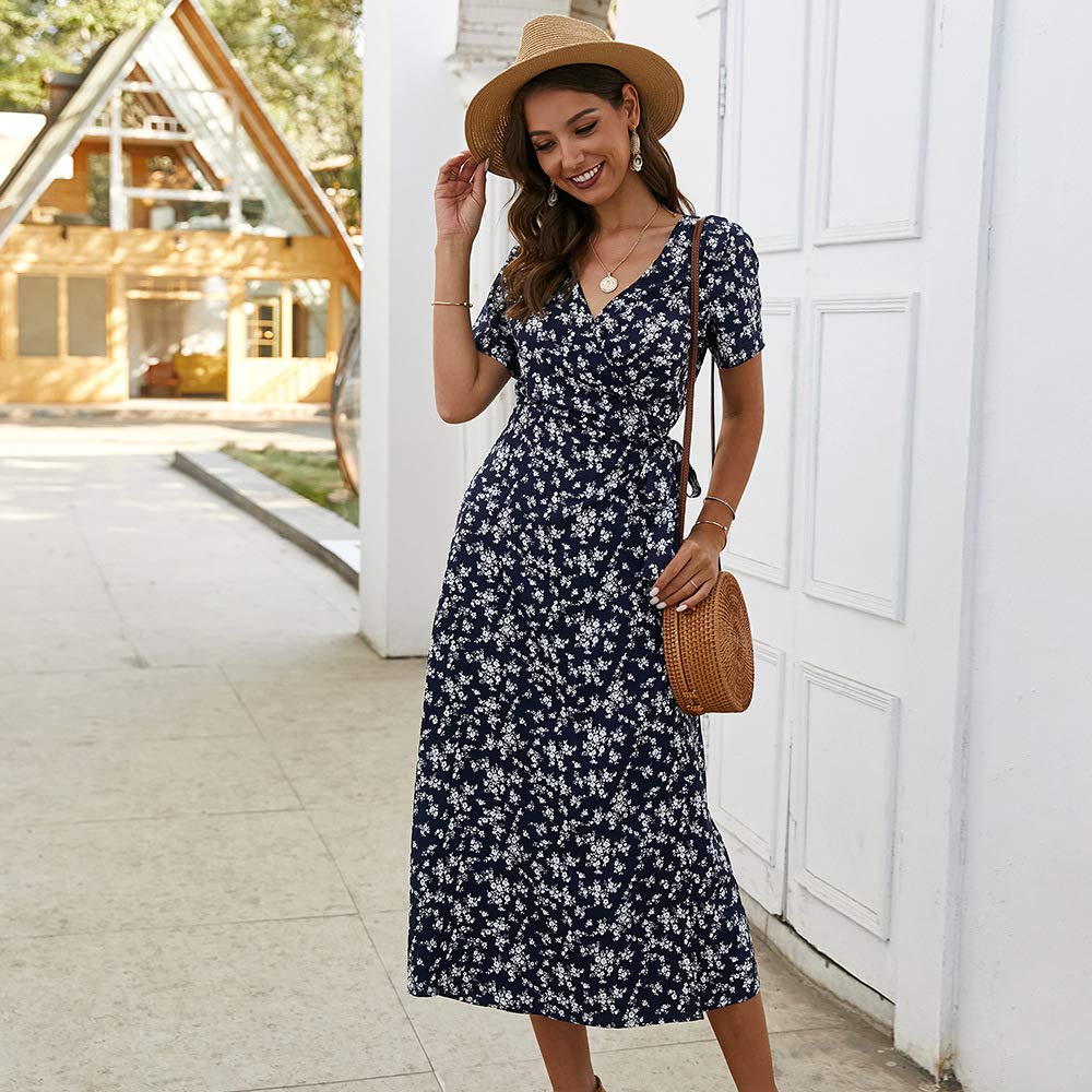 Women's Floral Long Dress - V Neck Short Sleeve Slim Fit Navy Blue Summer Dress for Beach, Party & Casual Wear