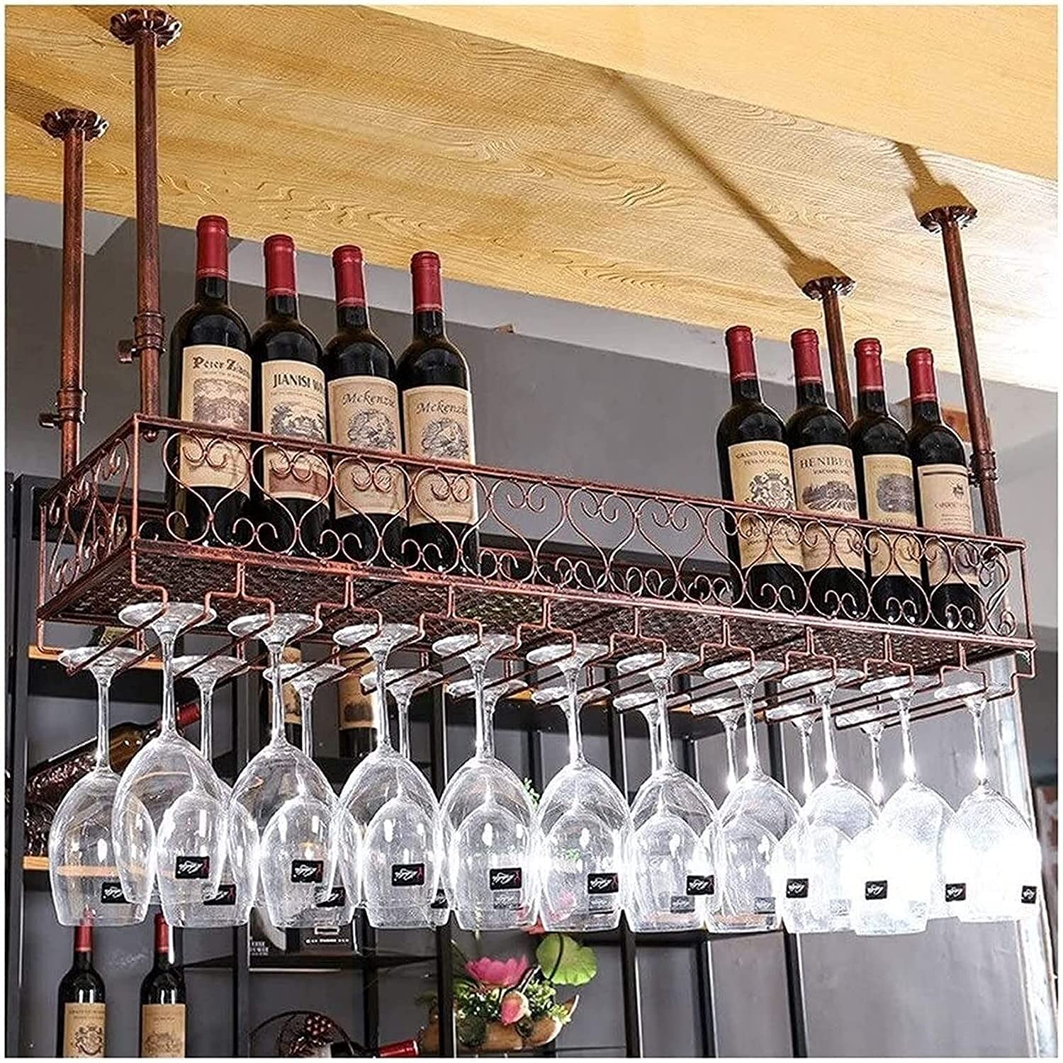 KEKEYANG Wooden Wine Glass Holder - Countertop & Wall Mount Hanging Cup Rack for Stemware Storage - European Style Bar Decor (Brown, 12x25cm) - Perfect for Kitchen, Dining Room & Home Bar Organization