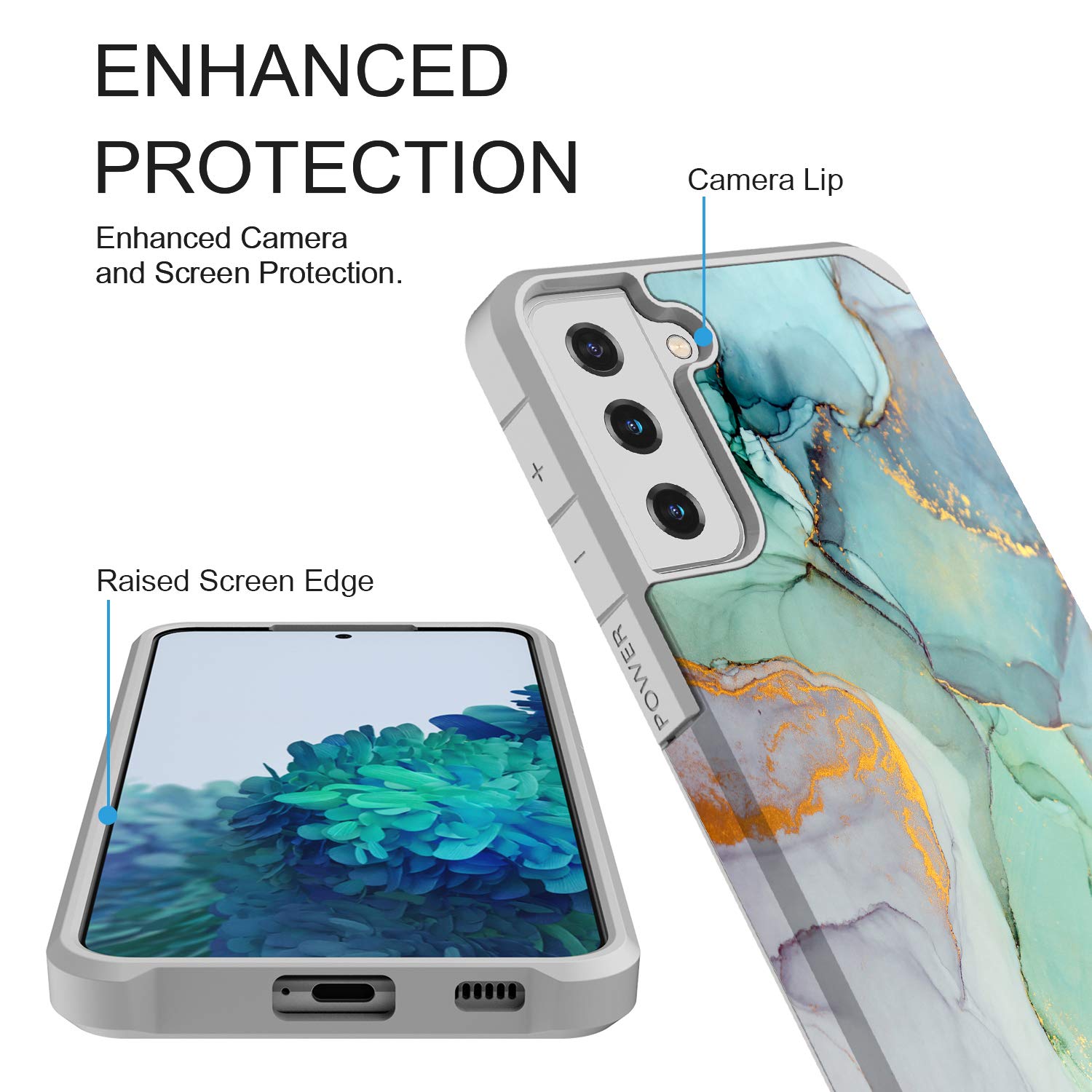 Rosebono Samsung Galaxy A21 Case - Slim Hybrid Shockproof Hard Cover with Graphic Armor Design (Green Marble) | Protective Phone Case for Everyday Use, Work & Travel