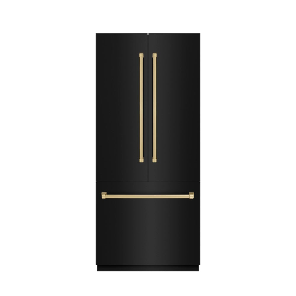 ZLINE Autograph Edition 36 Inch French Door Built-In Bottom Freezer Refrigerator - 19.6 cu.ft Capacity, Black Stainless Steel with Graphite Gray Interior & Champagne Bronze Accents - Water Dispenser & Ice Maker Included - Perfect for Modern Kitchens & Open-Concept Homes