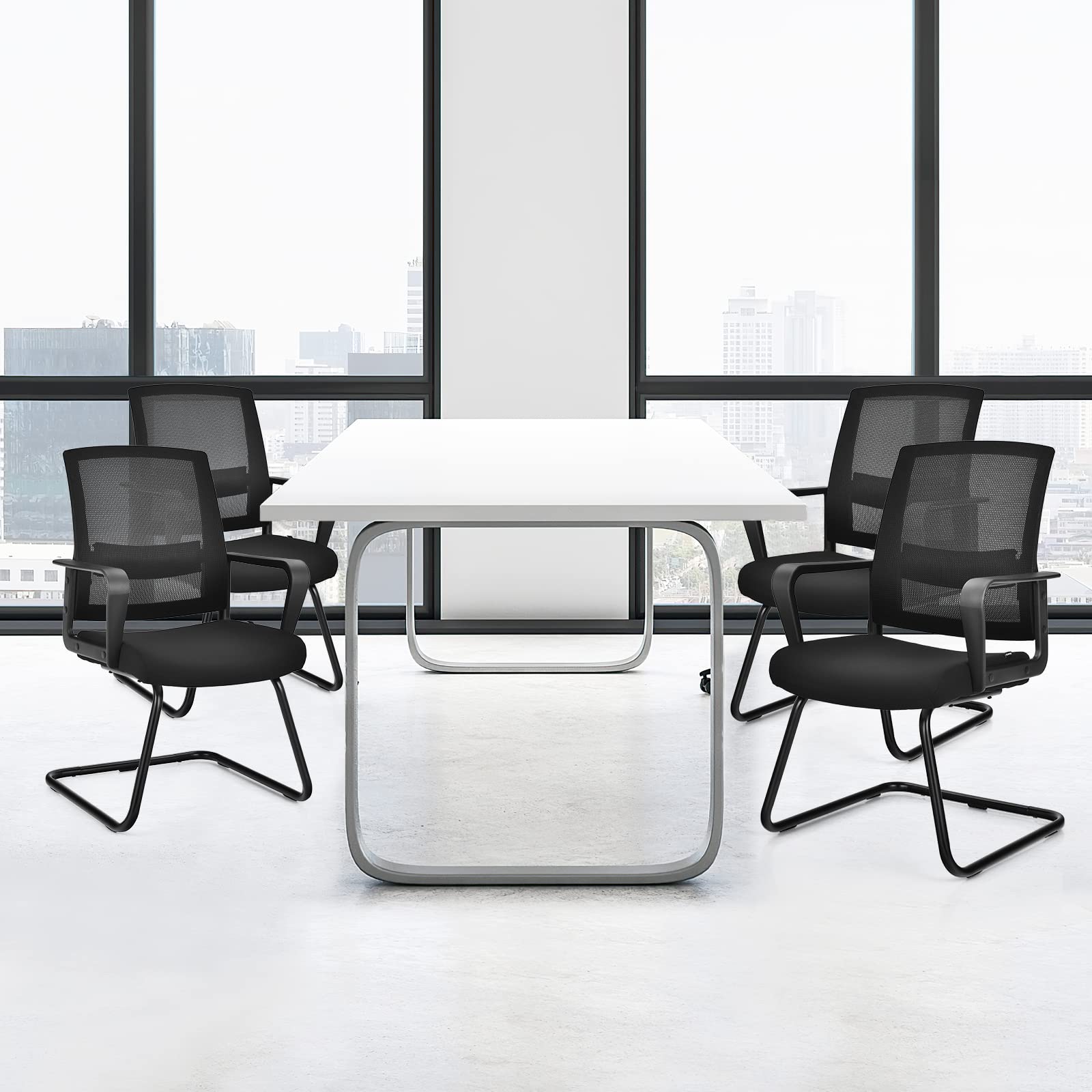 Giantex Office Guest Chair Set of 2 - Executive Sled Base Conference Chairs with Lumbar Support & Armrests, Mid-Back Mesh Office Desk Chairs No Wheels for Reception, Waiting Area, Meeting Room, Home Office & Workspace