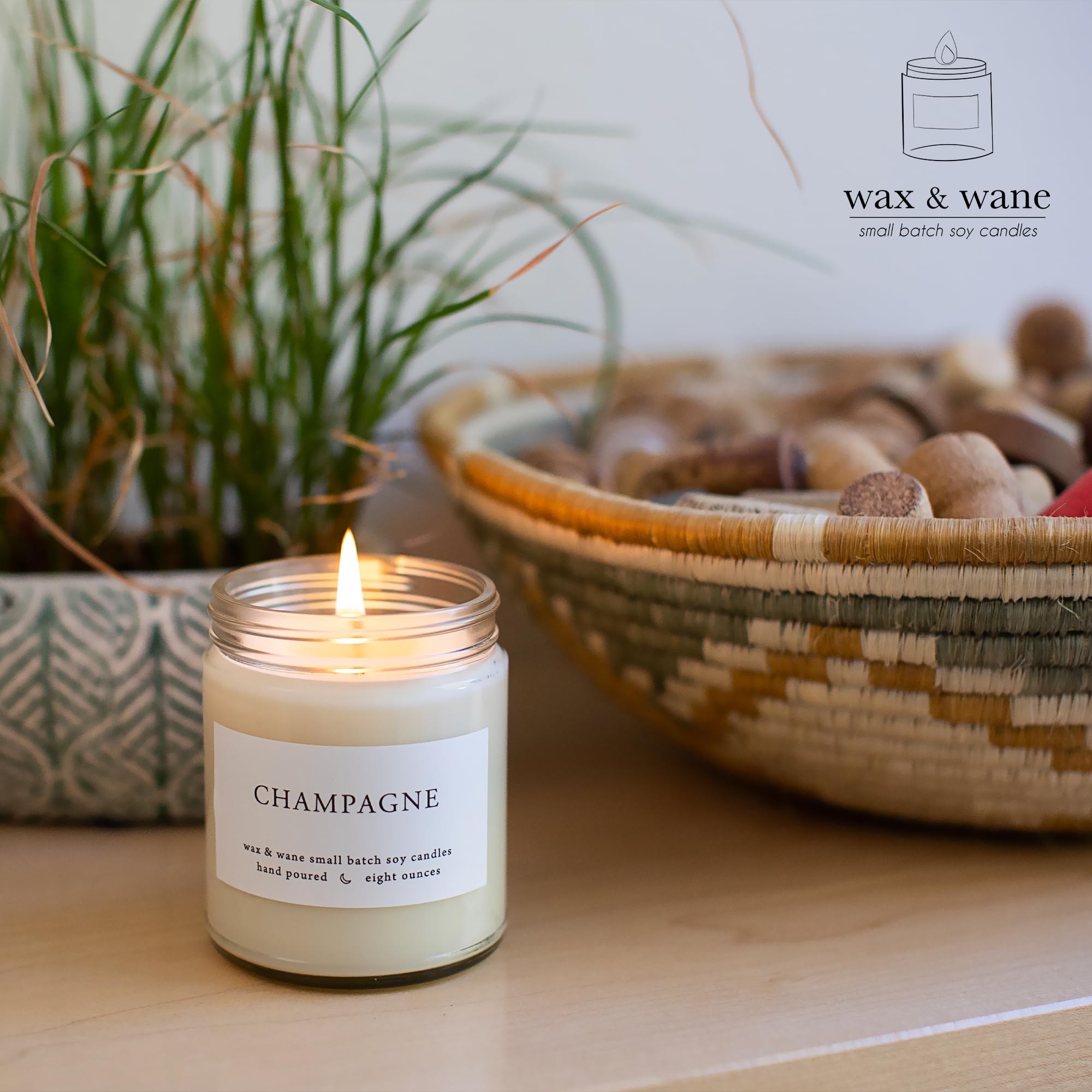 Wax & Wane Champagne 8oz Handmade Soy Candle - 40+ Hour Burn Time, Natural Aromatherapy for Home, Bedroom & Bathroom - Made in USA | Perfect for Relaxation, Romantic Dinners & Spa Nights