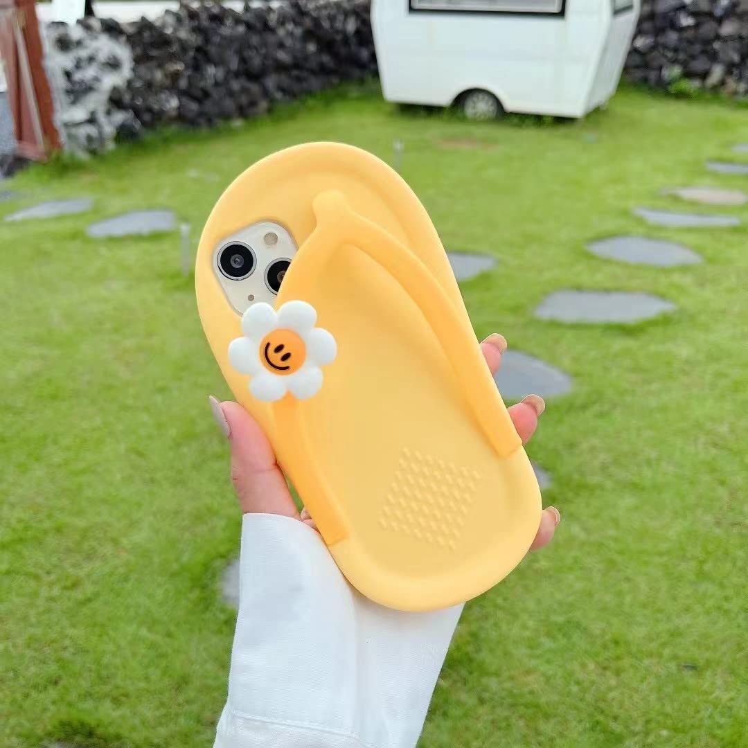 Yatchen Cute Cartoon Yellow Slippers & Flower Flip Flops 3D Soft Silicone Phone Case for iPhone 13 - Kawaii Design, Protective Cover for Women & Girls - Perfect for Summer, Beach Days, and Casual Outings