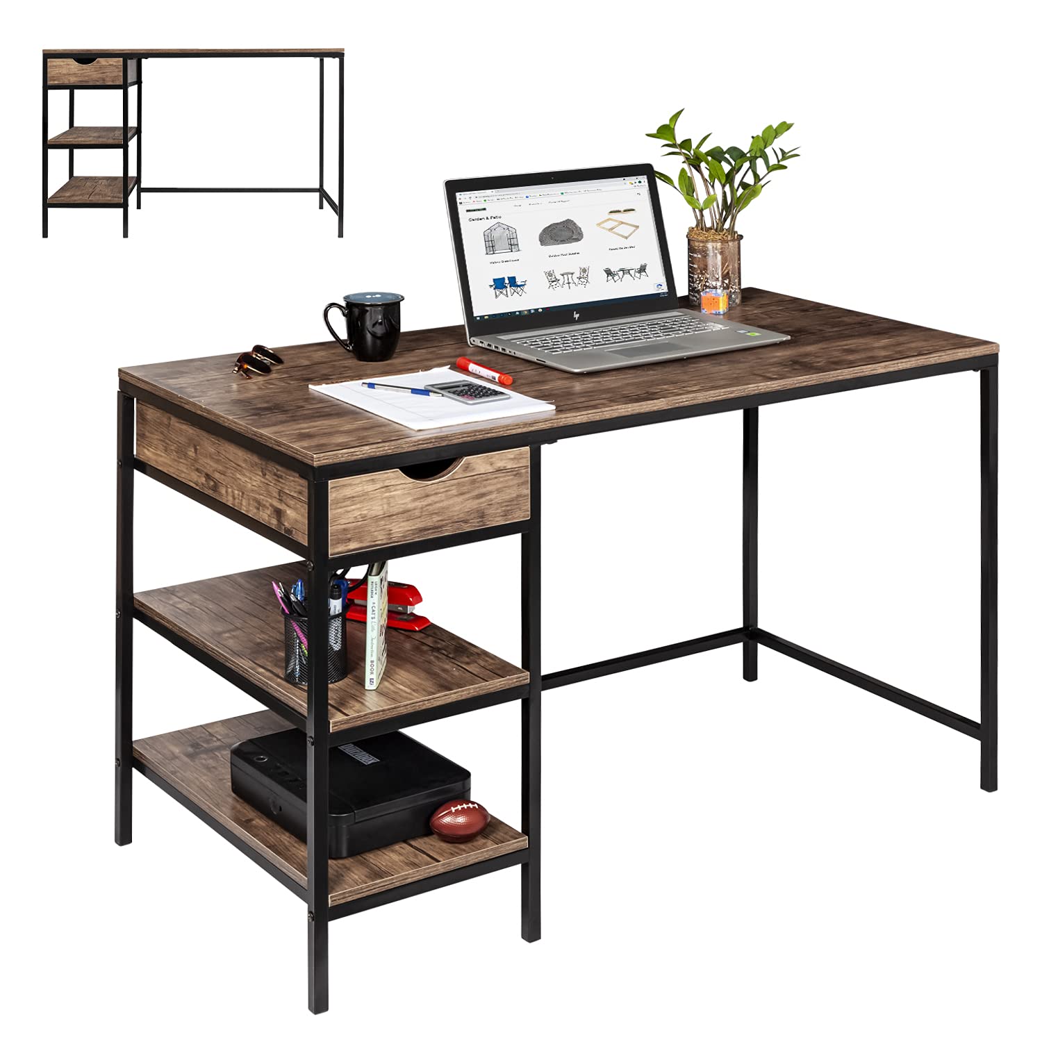 Modern Industrial Computer Desk with Drawer & 2 Shelves - 47