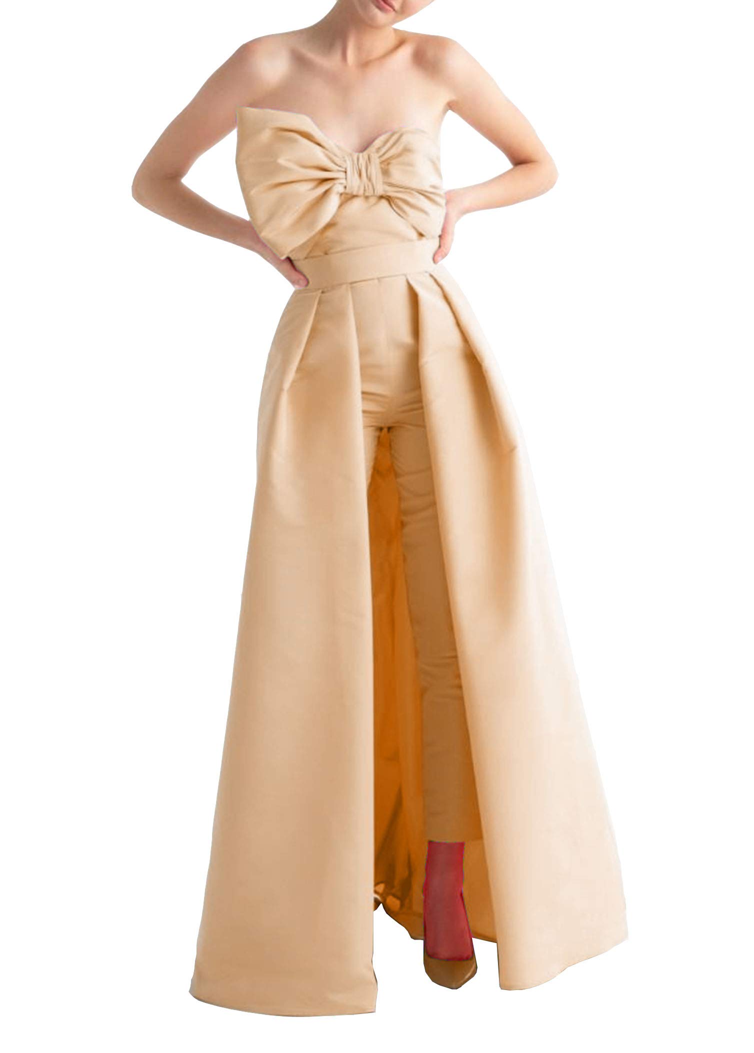 Honeydress Women's Sweetheart Neckline Satin Prom Dress & Jumpsuit with Detachable Skirt - Champagne Evening Gown for Homecoming, Wedding Guest & Formal Events