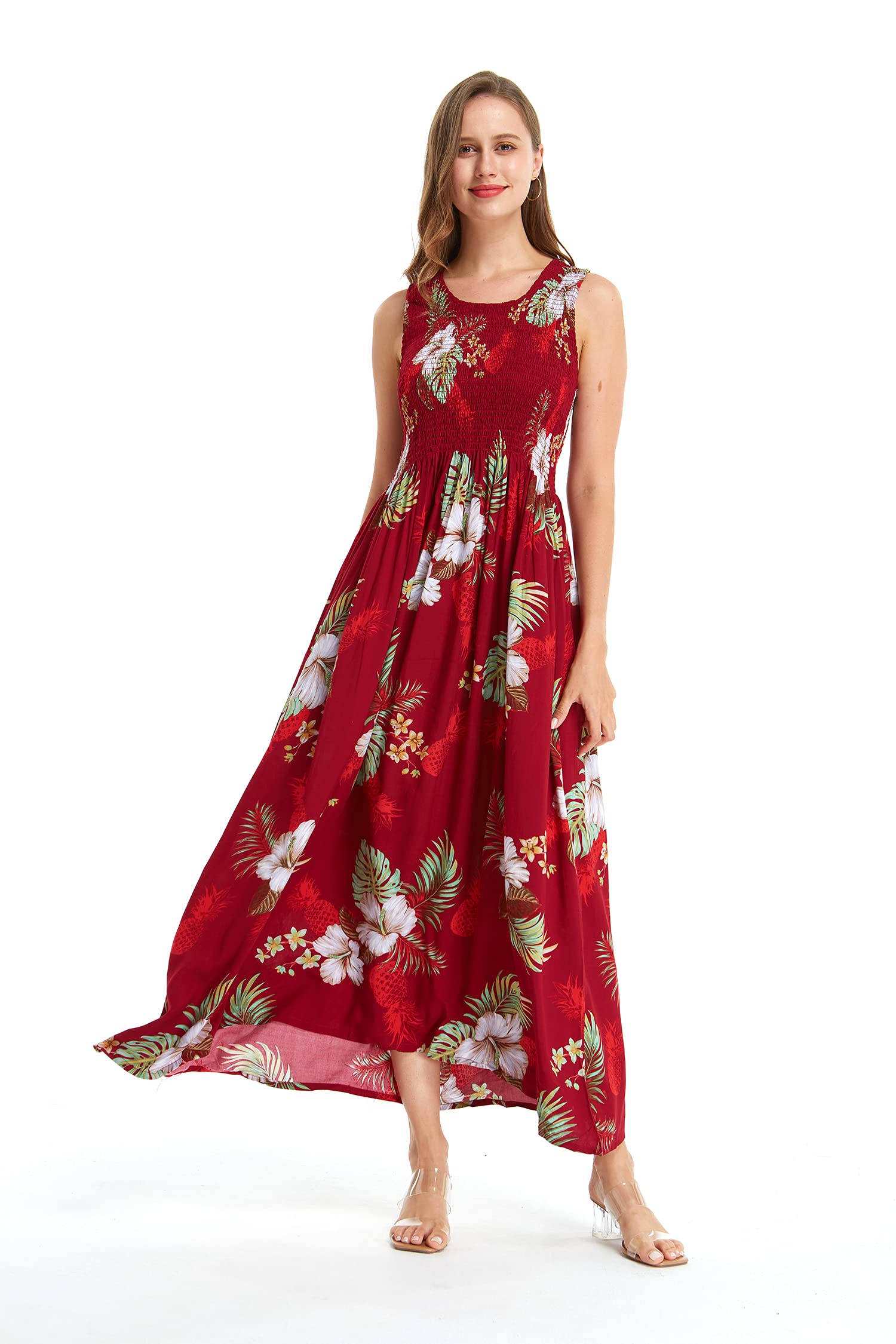 Women's Floral Hawaiian Maxi Tank Dress - Stretchy Elastic Waist Summer Luau Party Beach Dress for Tropical Vacation, Poolside, and Casual Outings