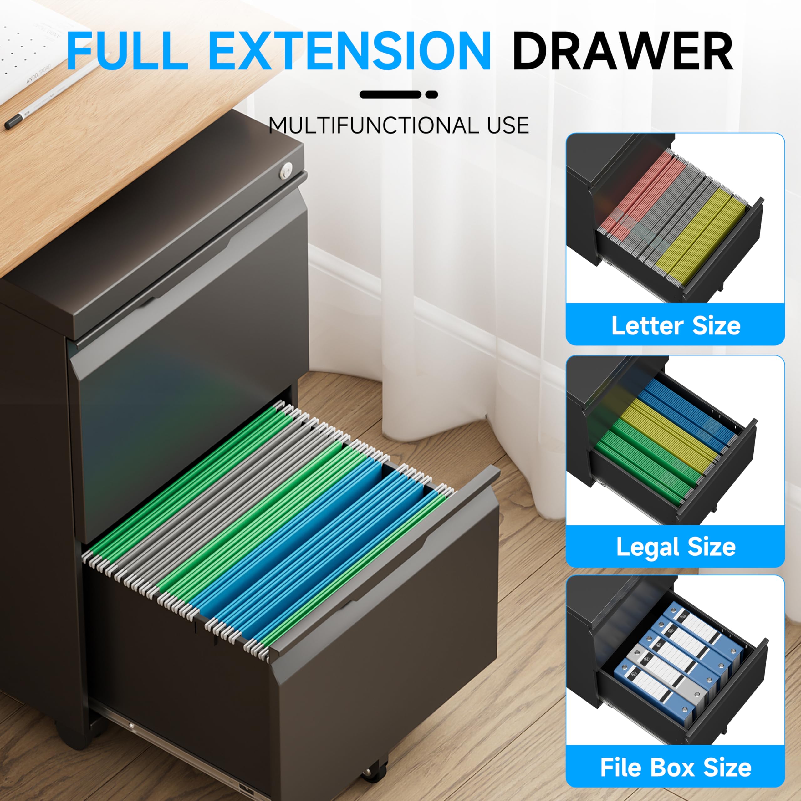 2 Drawer Mobile File Cabinet with Lock - Rolling Metal File Storage for Letter/Legal/A4 Documents - Home Office Organization with Wheels (Black) | Perfect for Small Spaces & Office Organization