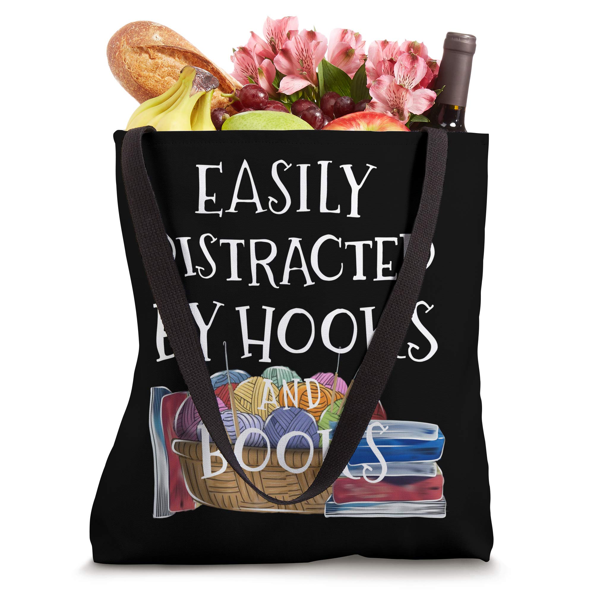 Funny Crochet Tote Bag for Book Lovers - Easily Distracted by Hooks & Books - Perfect Gift for Knitters & Readers (Ideal for Bookstores, Libraries & Crafting)
